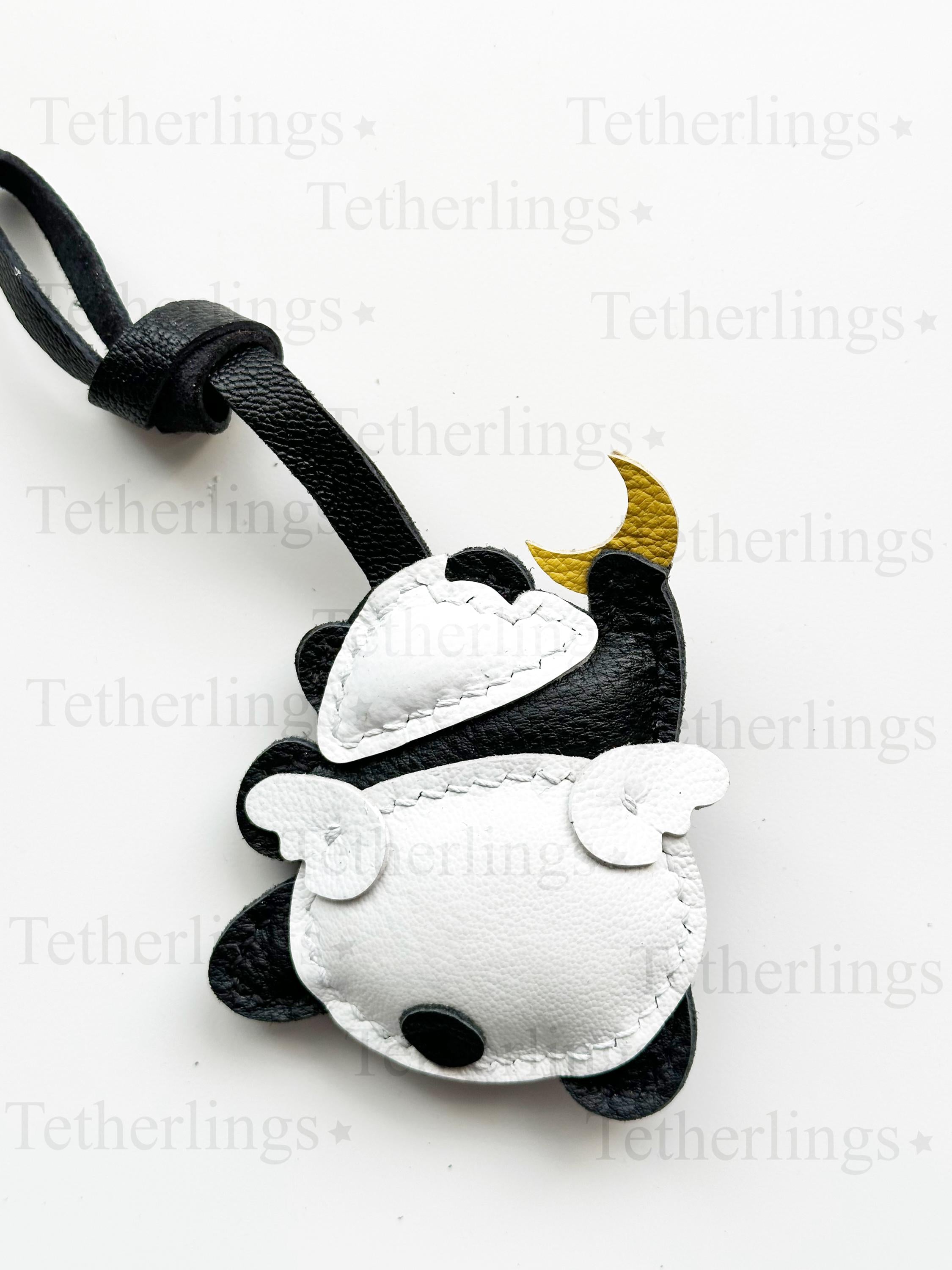 SHIPS QUICK From The US! Cute Panda with wings Reaching for Moon Genuine Leather Charm, Handmade Bag Charm, Leather Handbag Purse Key Chain __etsy:7183423314