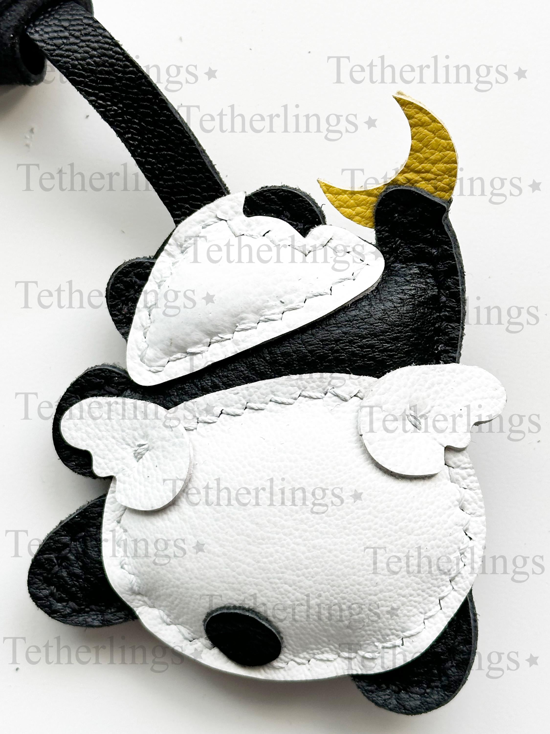 SHIPS QUICK From The US! Cute Panda with wings Reaching for Moon Genuine Leather Charm, Handmade Bag Charm, Leather Handbag Purse Key Chain __etsy:7231404837