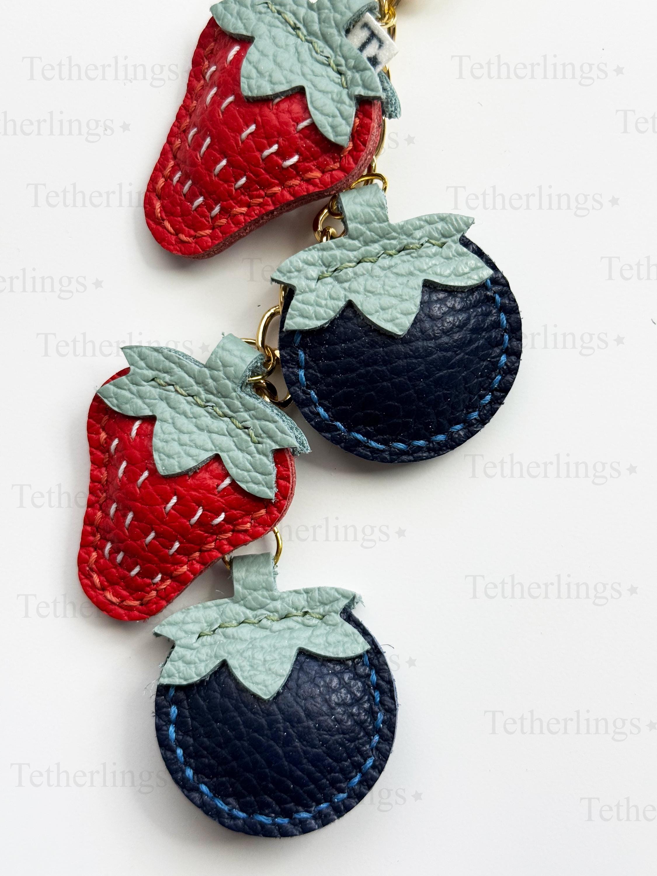 SHIPS QUICK From The US! Strawberries and Blueberries Chain Charm Genuine Leather Charm, Handmade Bag Purse Key Chain __etsy:7820930595