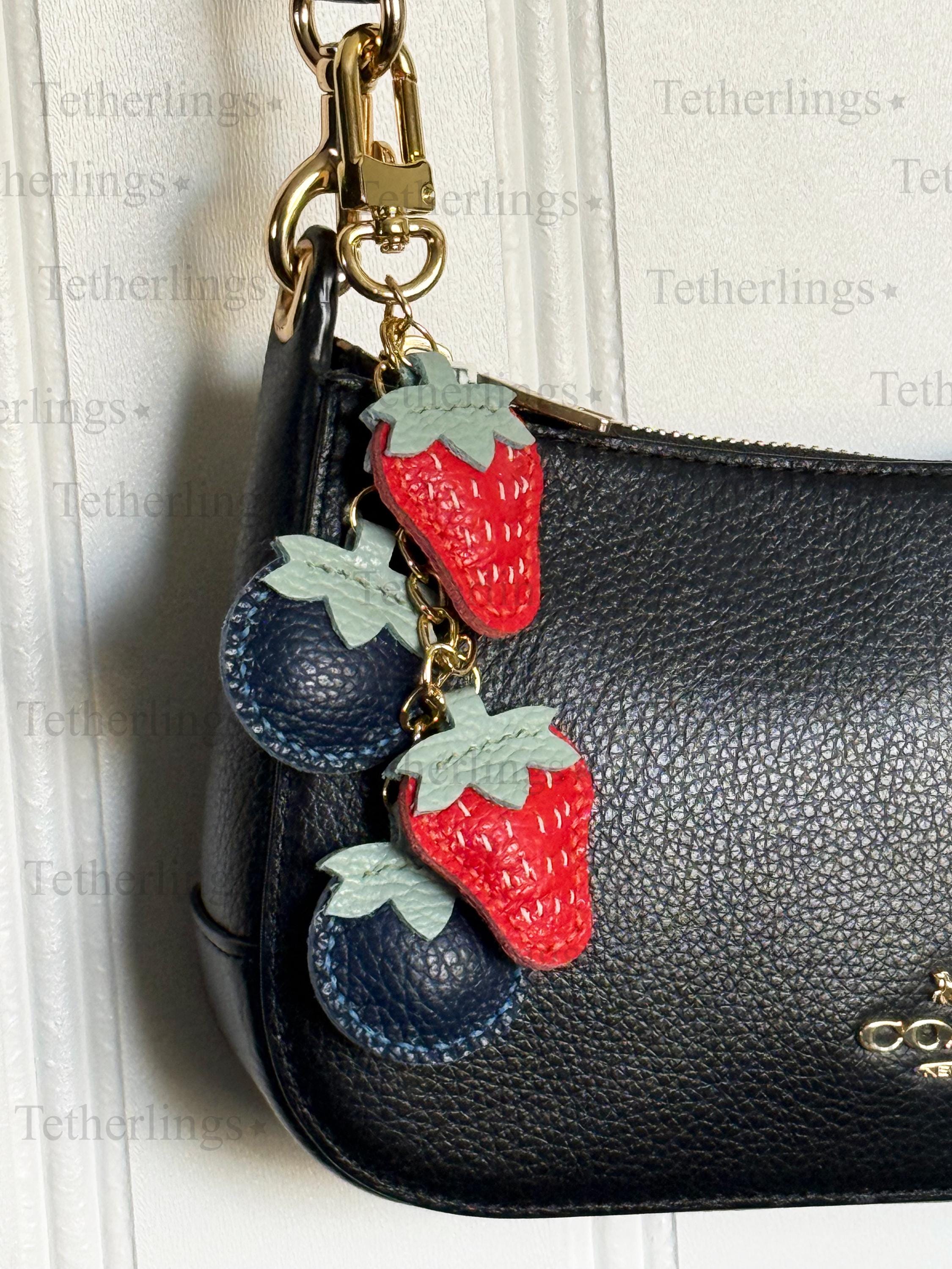 SHIPS QUICK From The US! Strawberries and Blueberries Chain Charm Genuine Leather Charm, Handmade Bag Purse Key Chain __etsy:7820930603