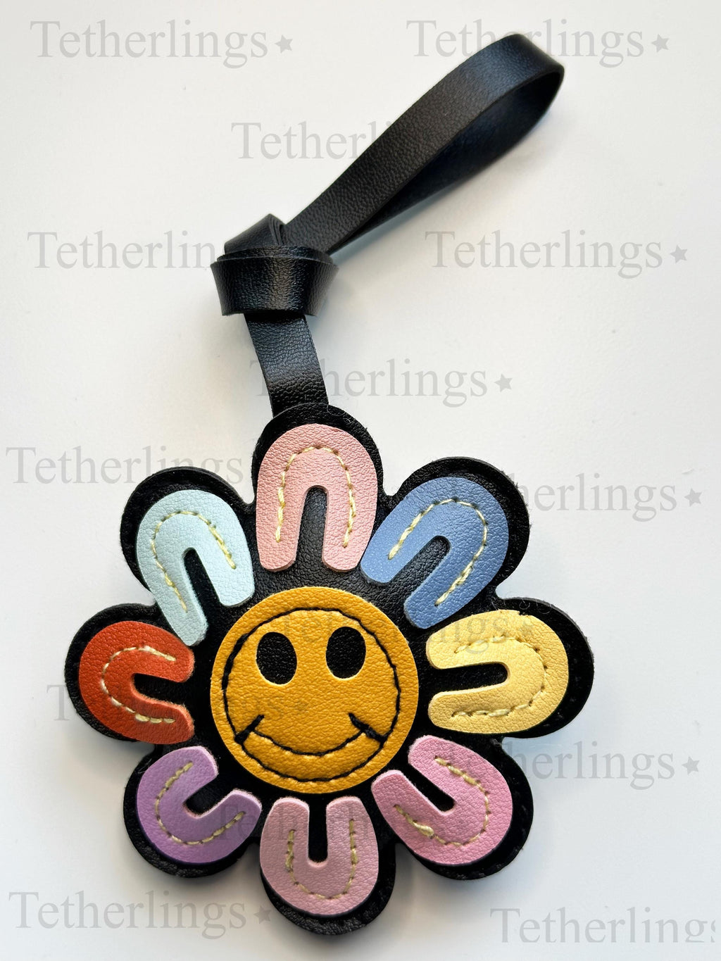 Happy Face Daisy Flower Handmade Vegan Leather Bag Charm