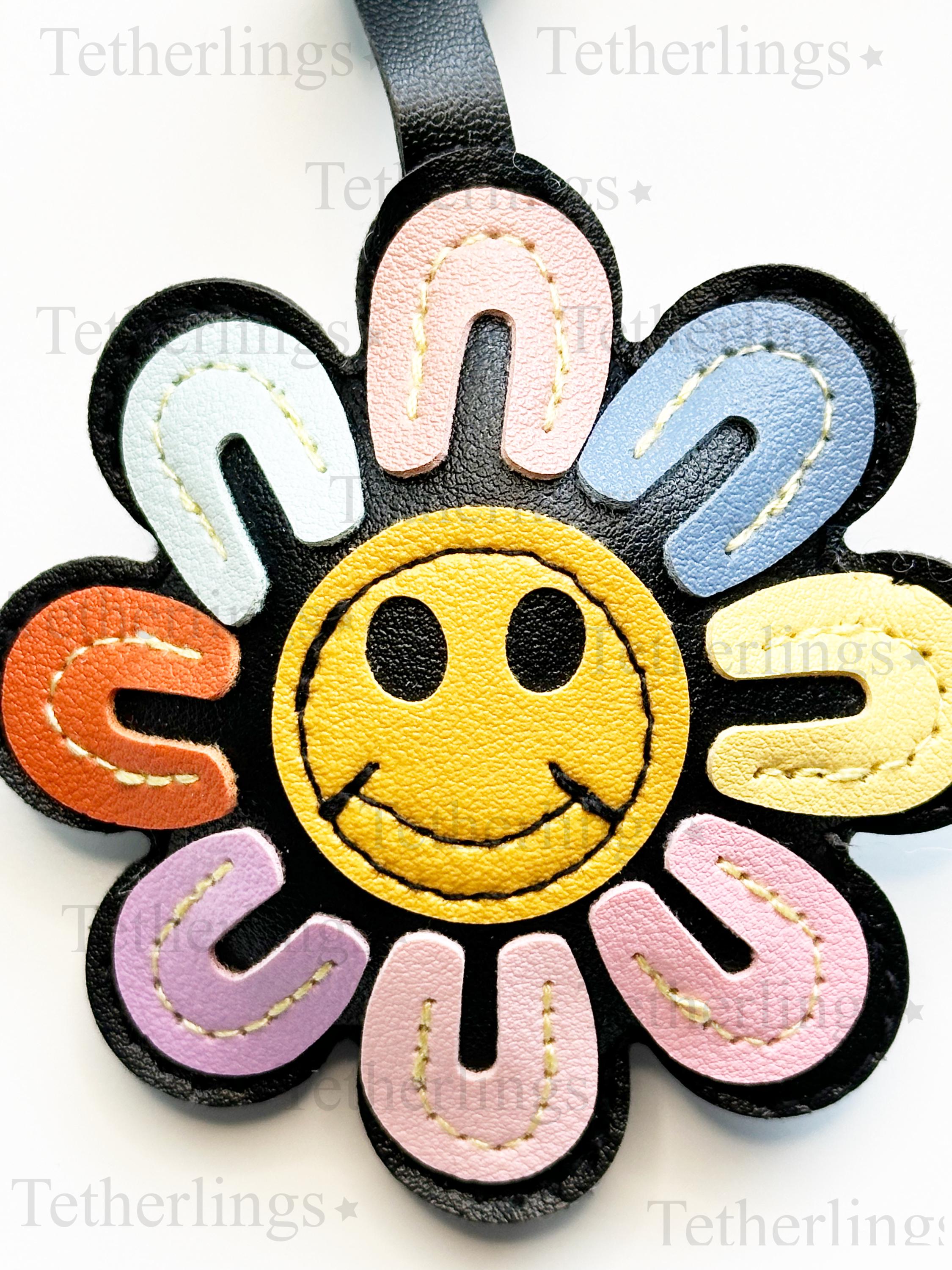 Happy Face Daisy Flower Handmade Vegan Leather Bag Charm