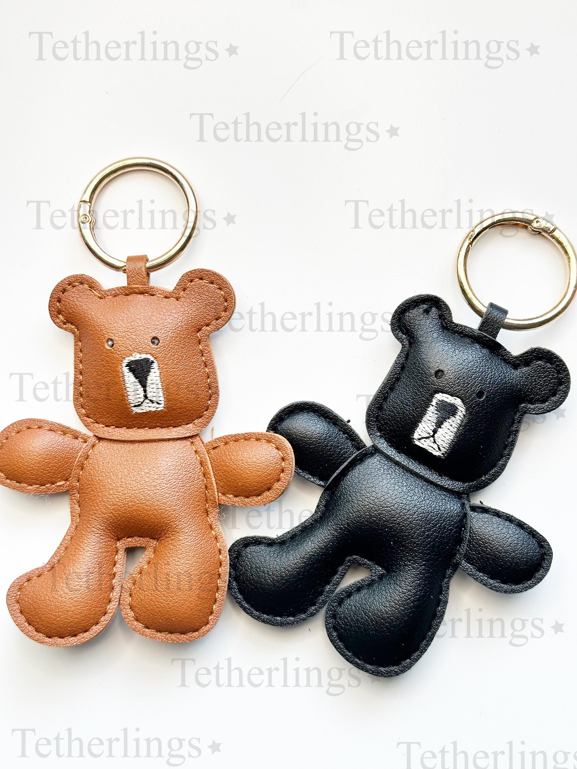 Handmade Vegan Leather Bear Bag Charm: Brown Black Teddy Bear Keychain