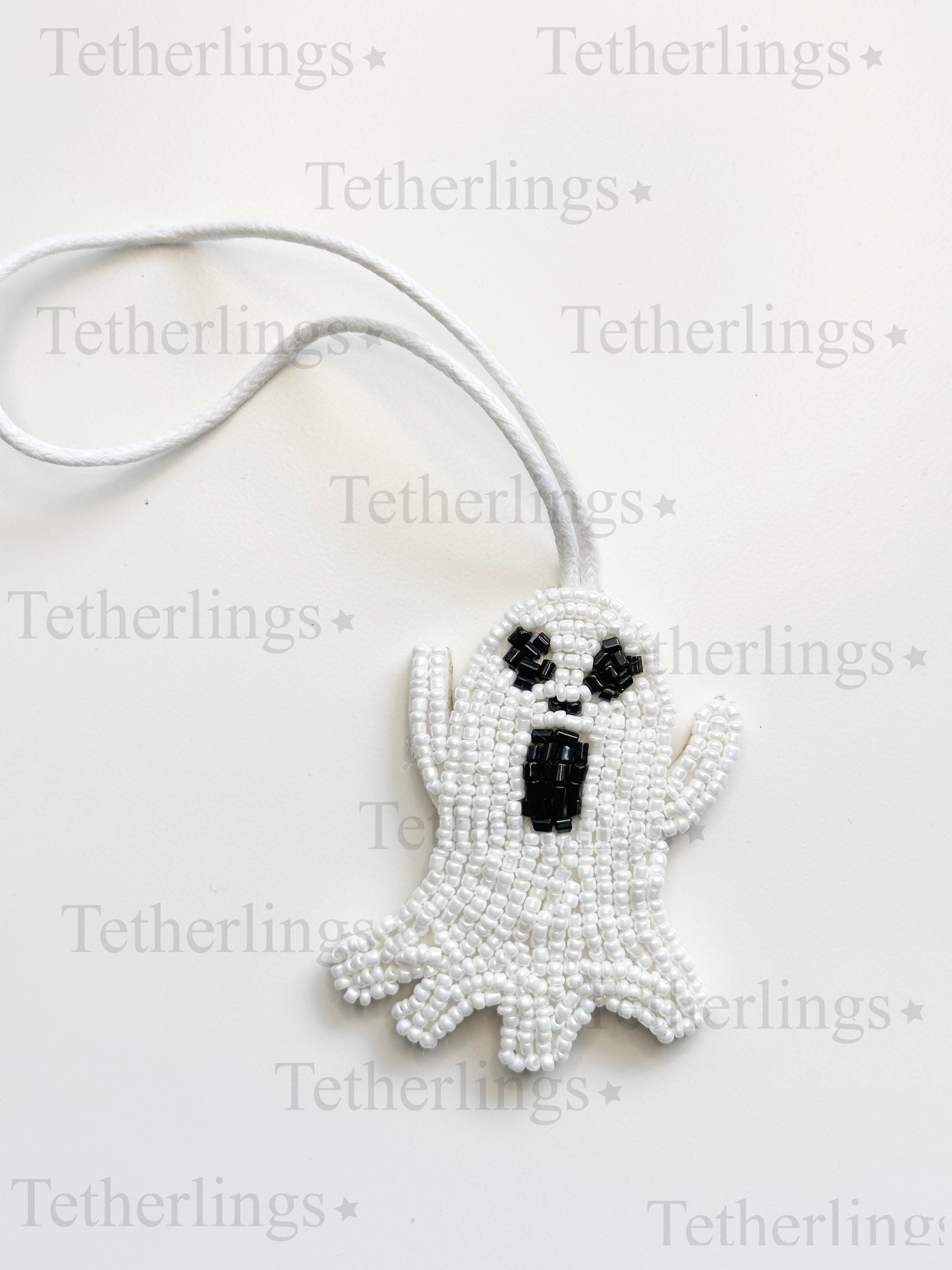 Spooky Ghost Beaded Leather Bag Charm: Handmade Keychain Accessory