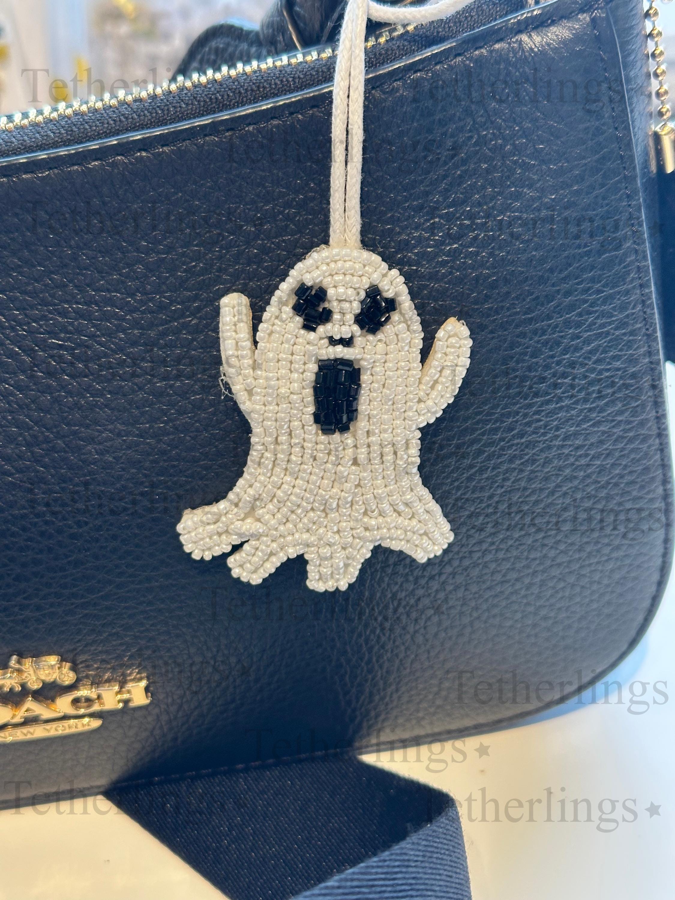 Spooky Ghost Beaded Leather Bag Charm: Handmade Keychain Accessory
