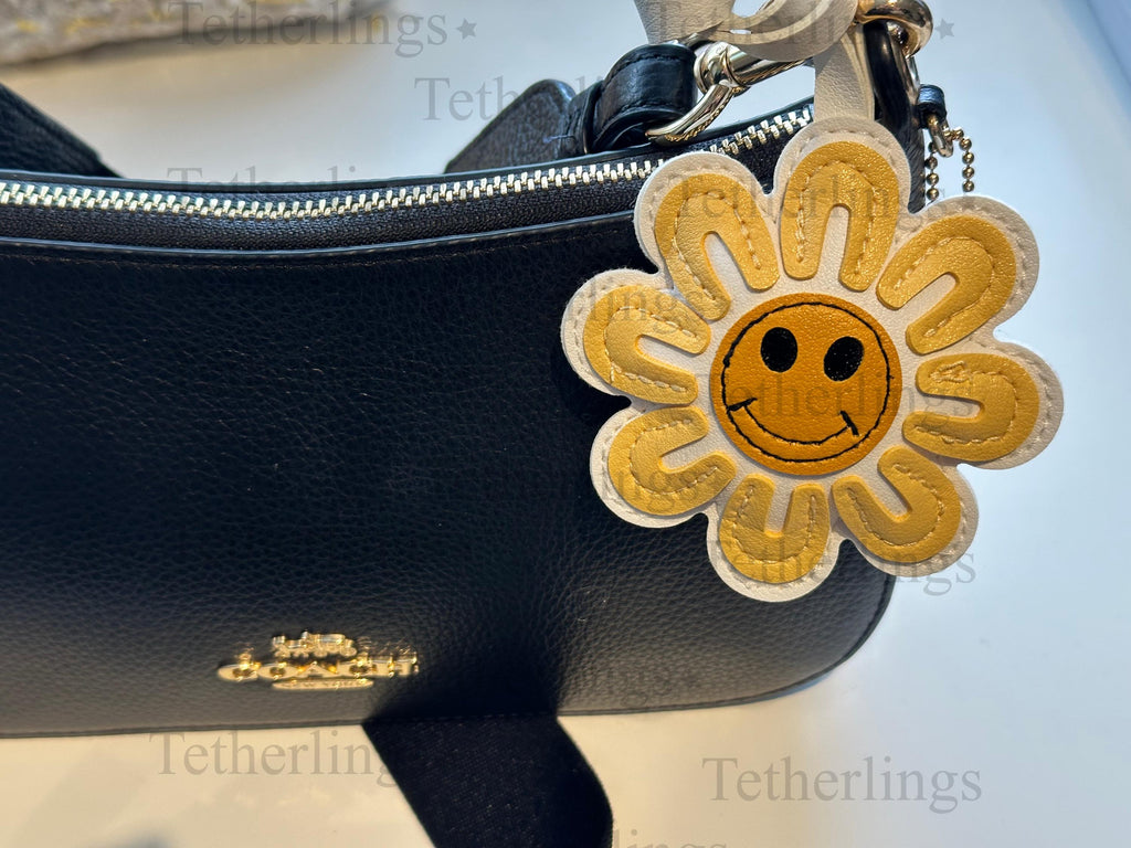 Happy Face Daisy Handmade Vegan Leather Bag Charm
