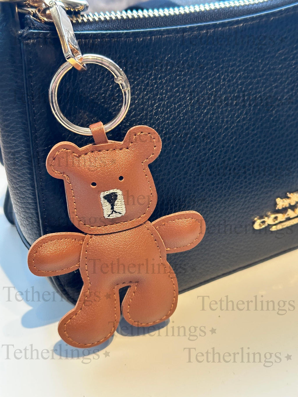 Handmade Vegan Leather Bear Bag Charm: Brown Black Teddy Bear Keychain