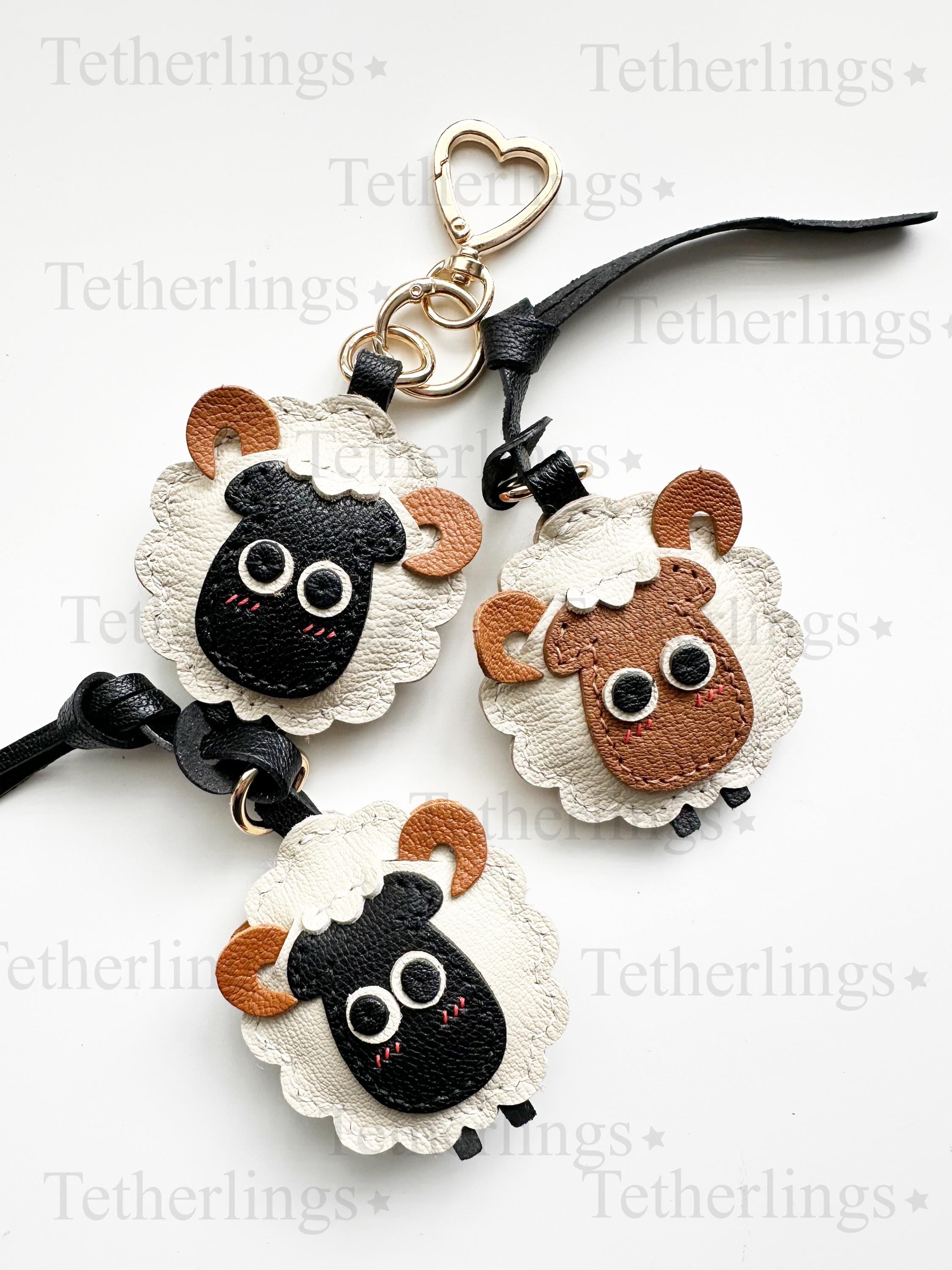 Black Brown Double Sided Sheep Lamb Ram Handmade Genuine Leather Bag Charm