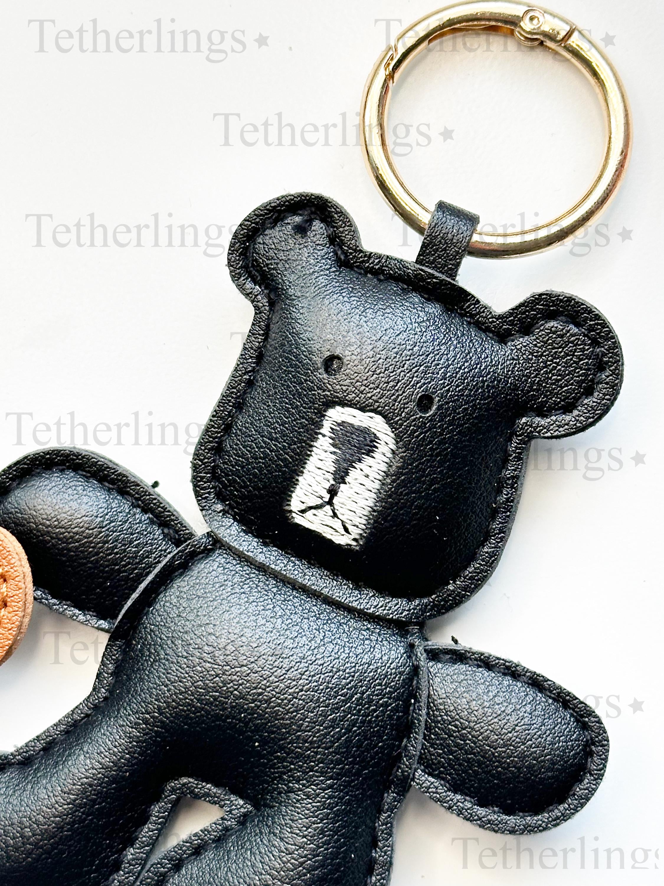 Handmade Vegan Leather Bear Bag Charm: Brown Black Teddy Bear Keychain