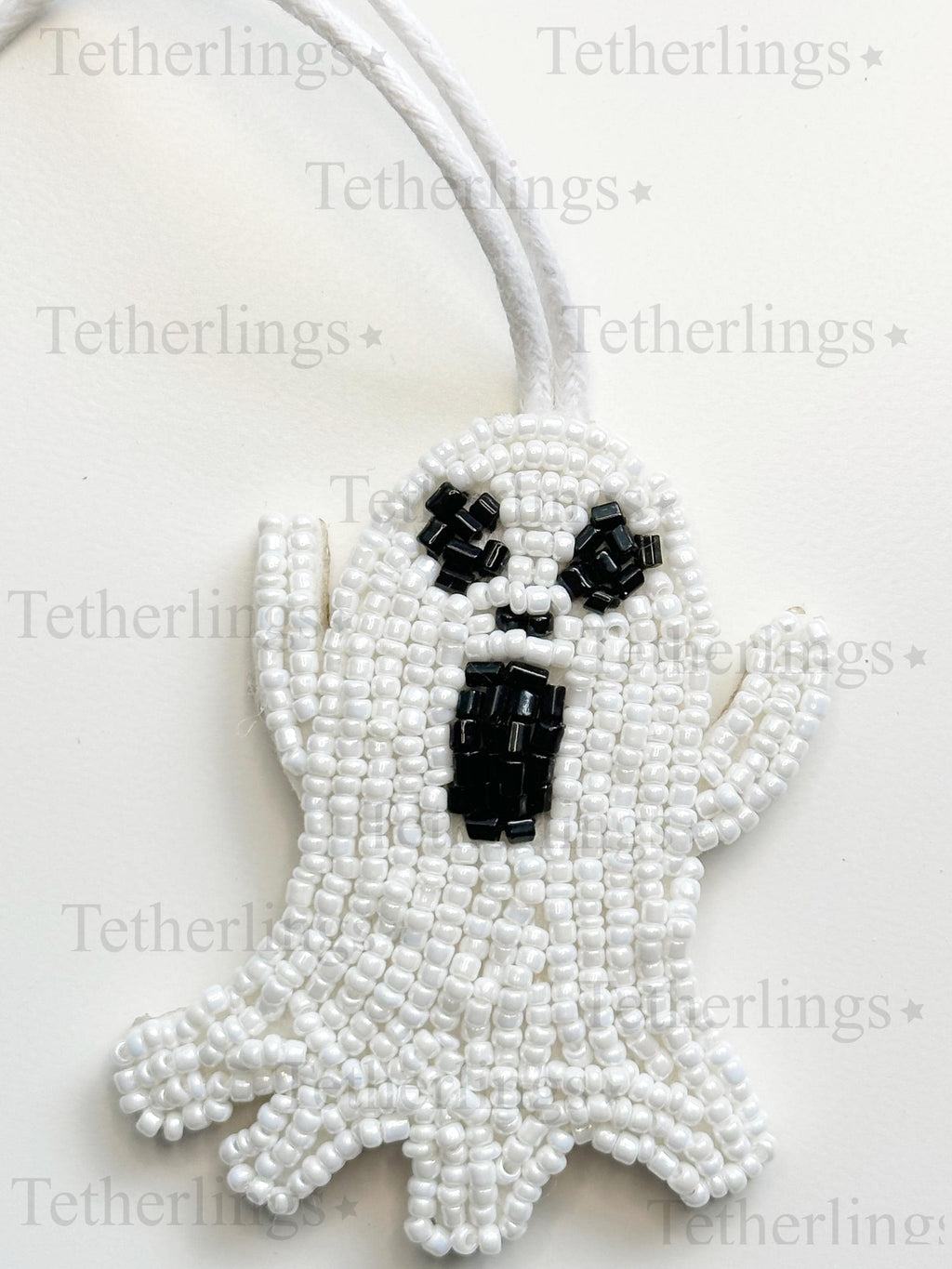 Spooky Ghost Beaded Leather Bag Charm: Handmade Keychain Accessory