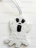 Spooky Ghost Beaded Leather Bag Charm: Handmade Keychain Accessory