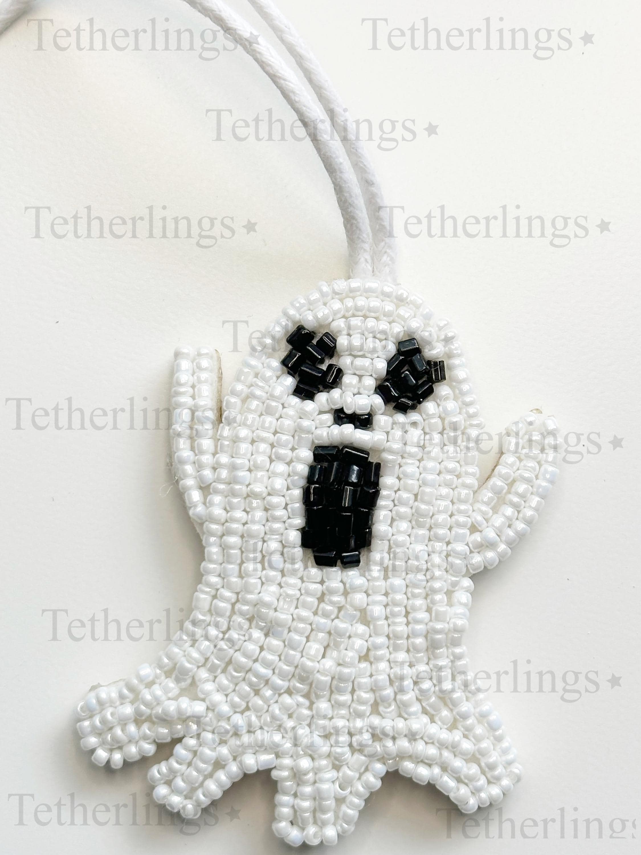 Spooky Ghost Beaded Leather Bag Charm: Handmade Keychain Accessory
