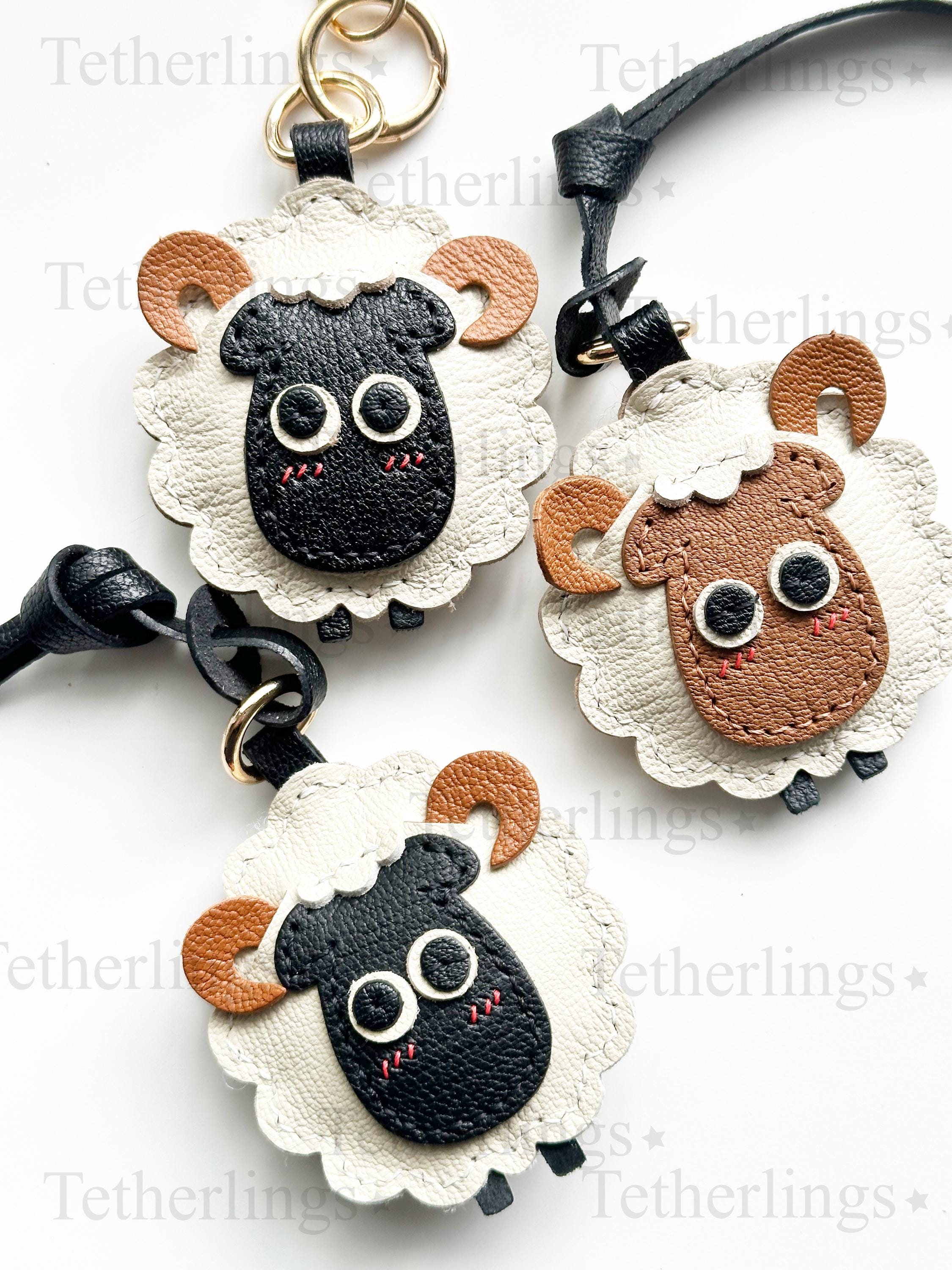 Black Brown Double Sided Sheep Lamb Ram Handmade Genuine Leather Bag Charm