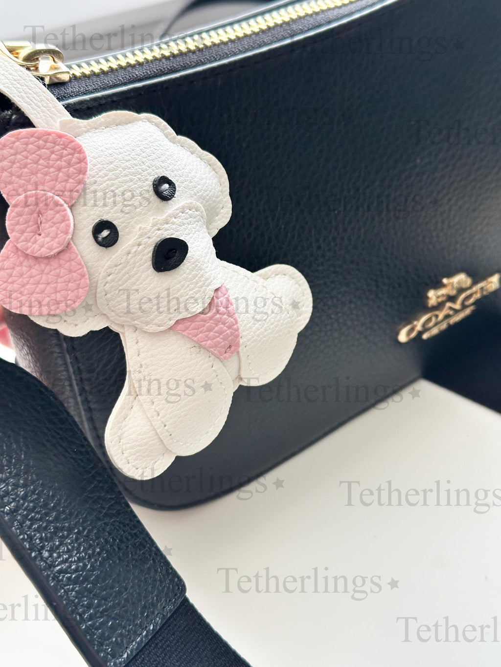 White Poodle Dog Puppy with Scarf Handmade Vegan Leather Bag Charm