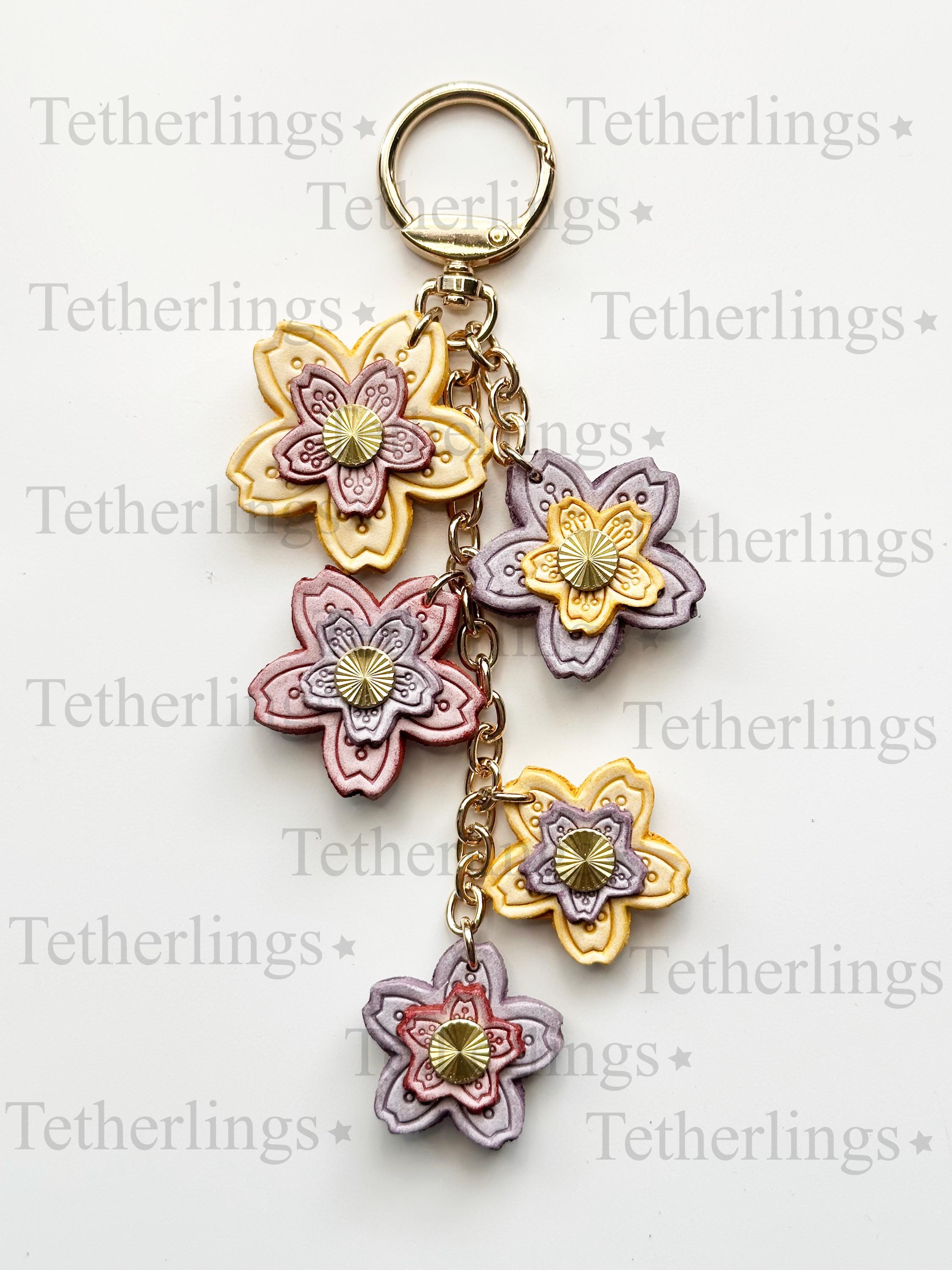 Double Sided Flower Spring Keychain Genuine Leather Bag Charm
