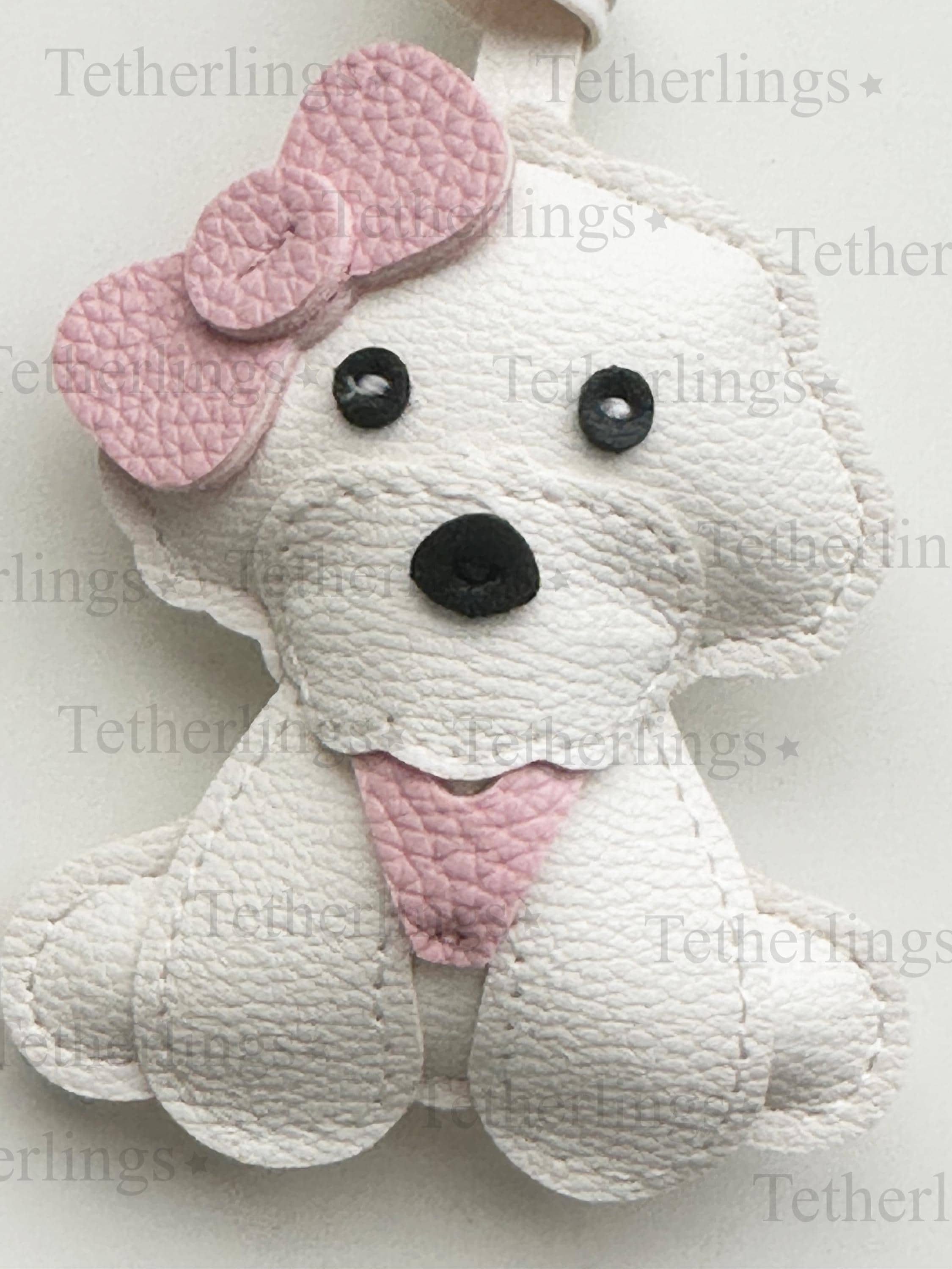 White Poodle Dog Puppy with Scarf Handmade Vegan Leather Bag Charm