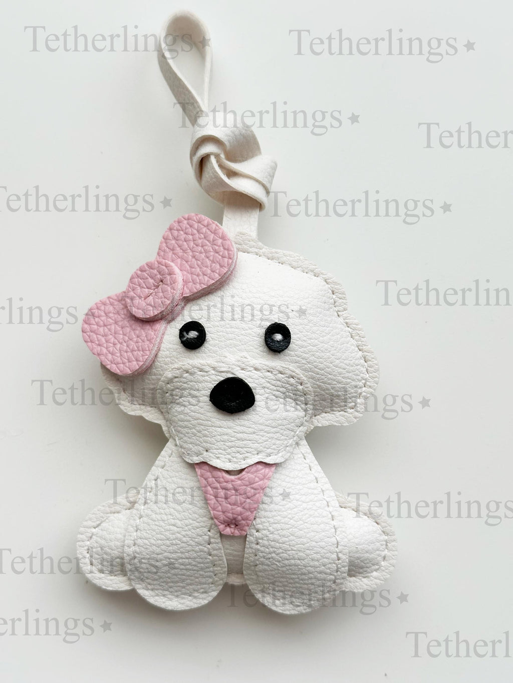 White Poodle Dog Puppy with Scarf Handmade Vegan Leather Bag Charm