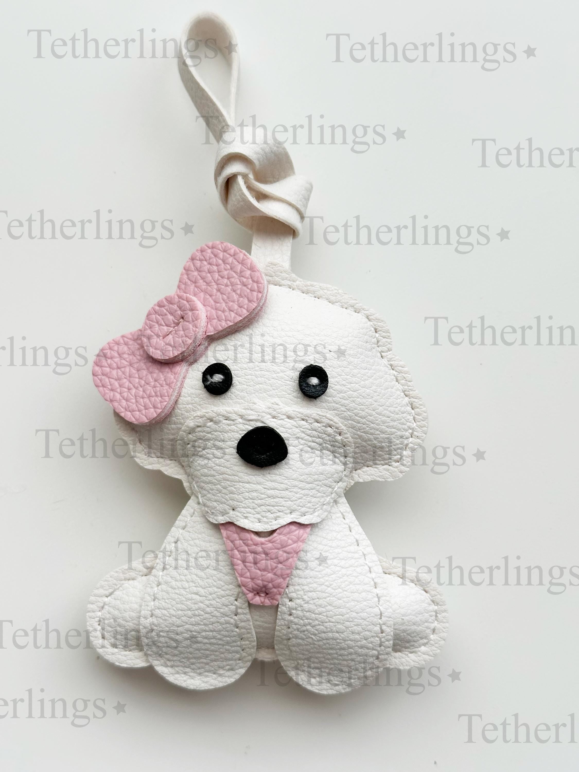 White Poodle Dog Puppy with Scarf Handmade Vegan Leather Bag Charm