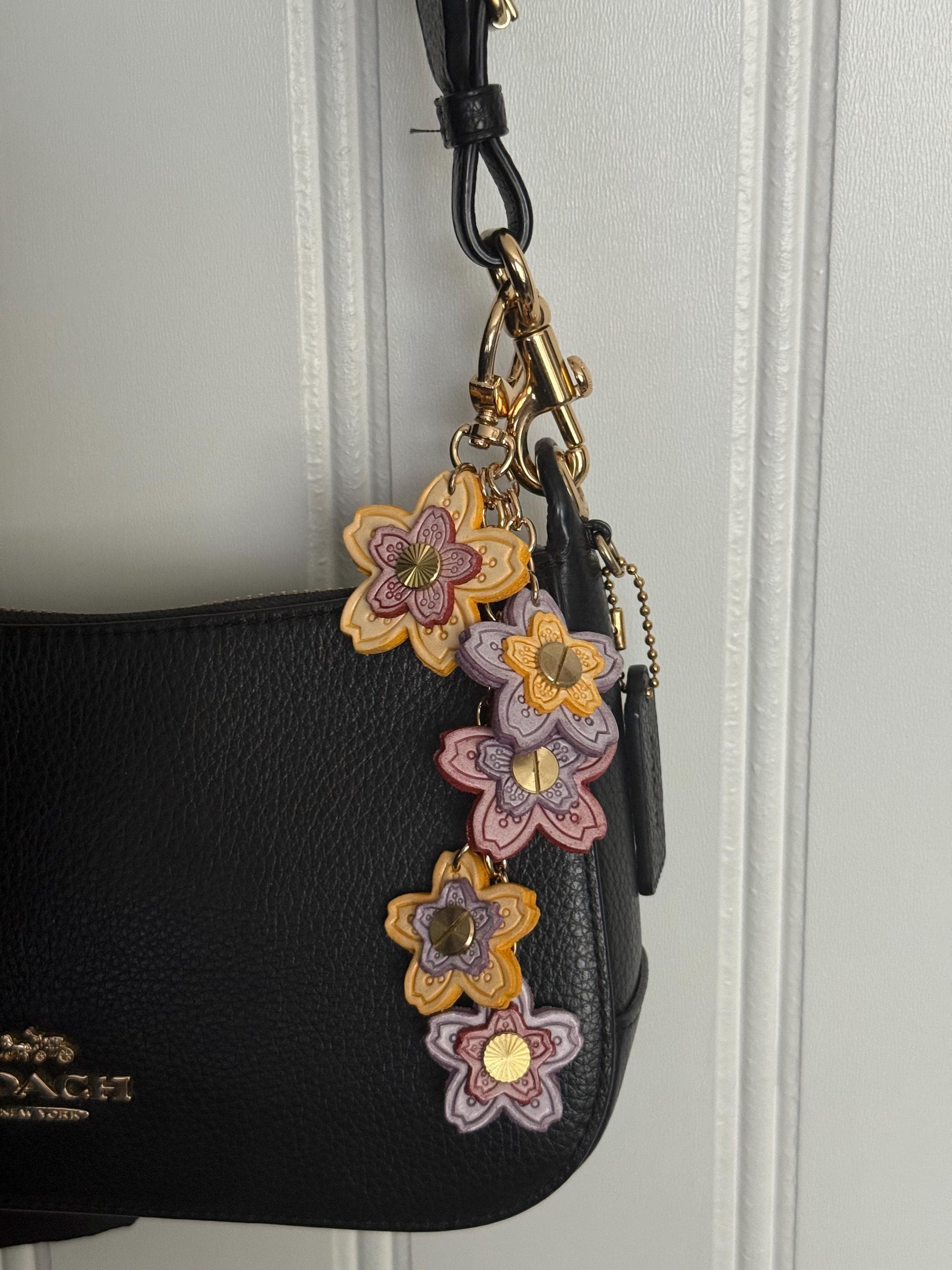 Double Sided Flower Spring Keychain Genuine Leather Bag Charm