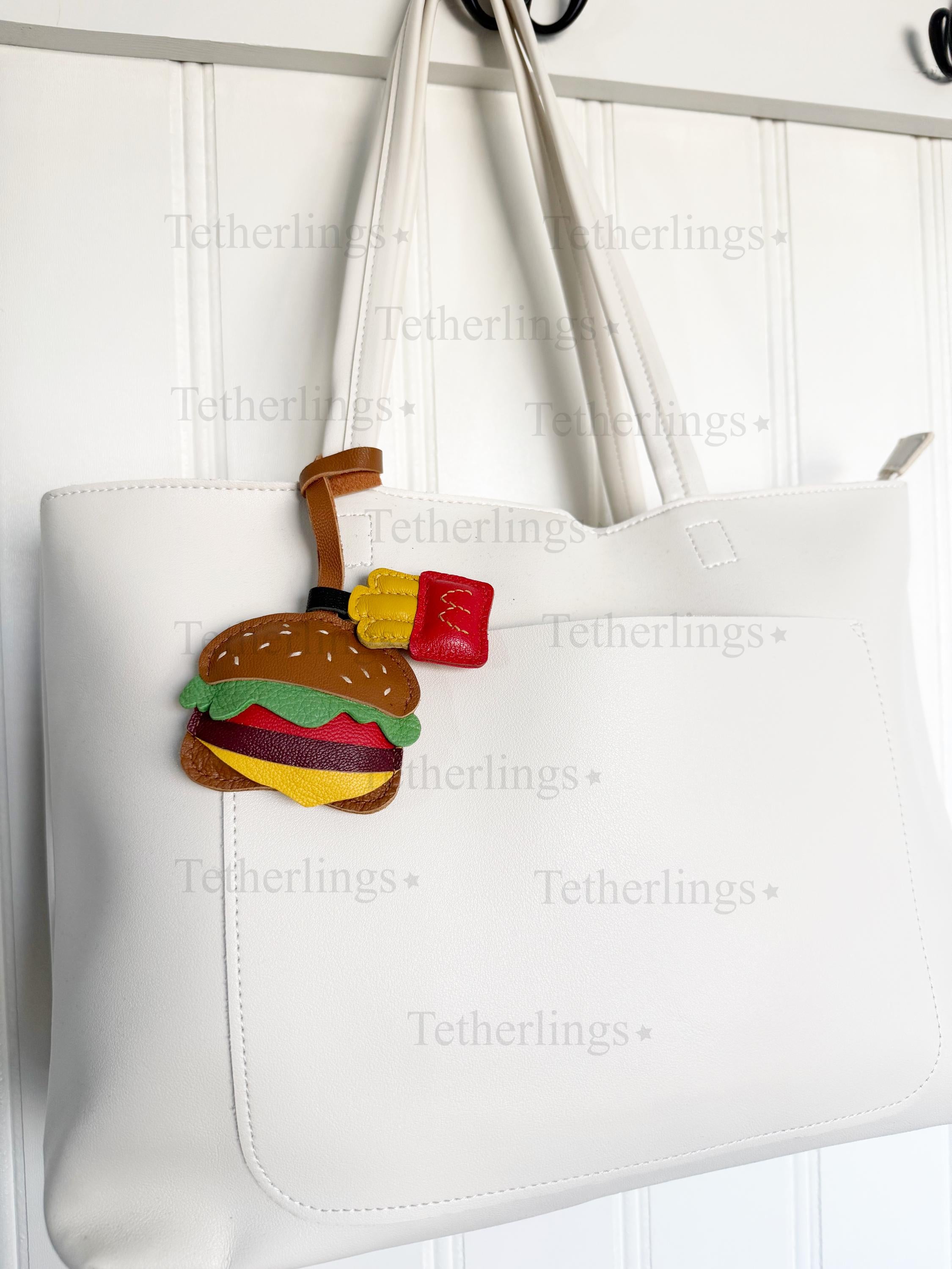 Cheeseburger and Fries Handmade Genuine Leather Bag Charm