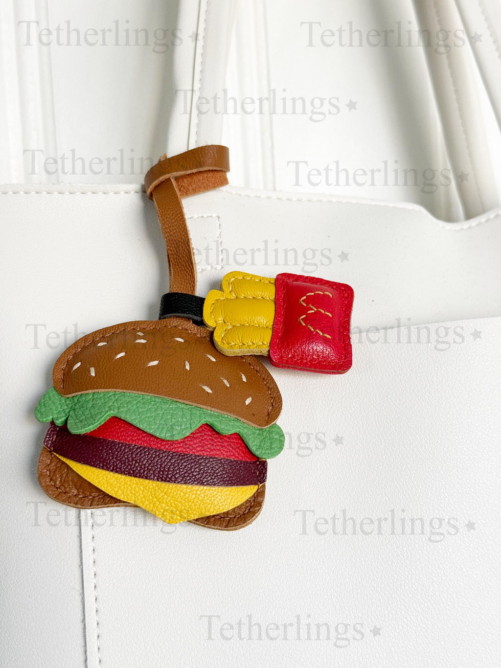 Cheeseburger and Fries Handmade Genuine Leather Bag Charm