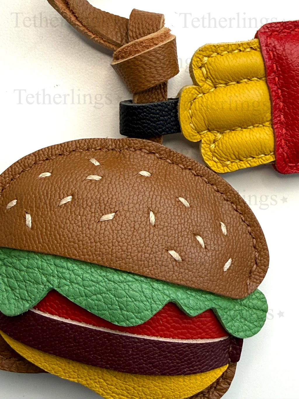 Cheeseburger and Fries Handmade Genuine Leather Bag Charm