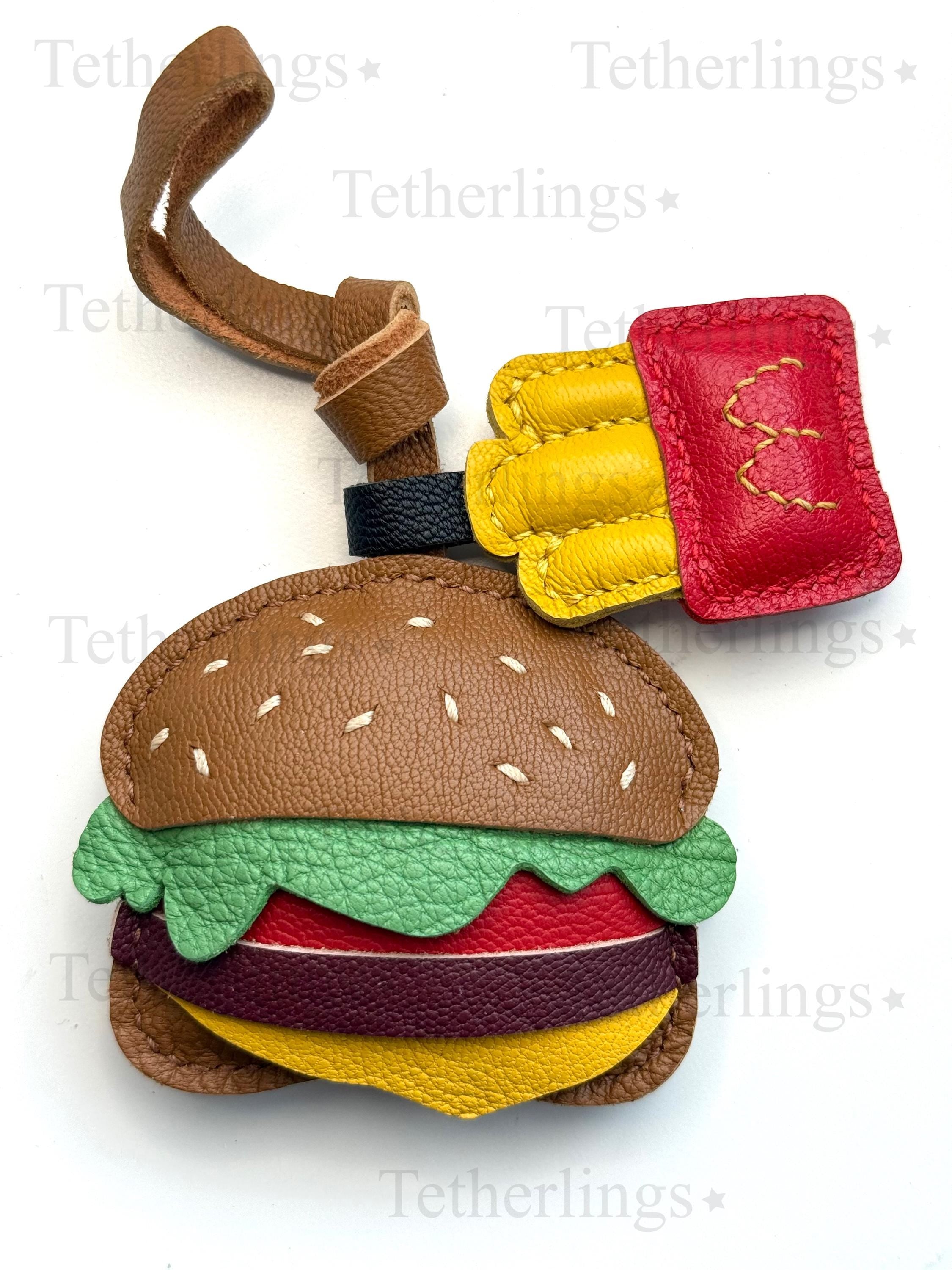 Cheeseburger and Fries Handmade Genuine Leather Bag Charm