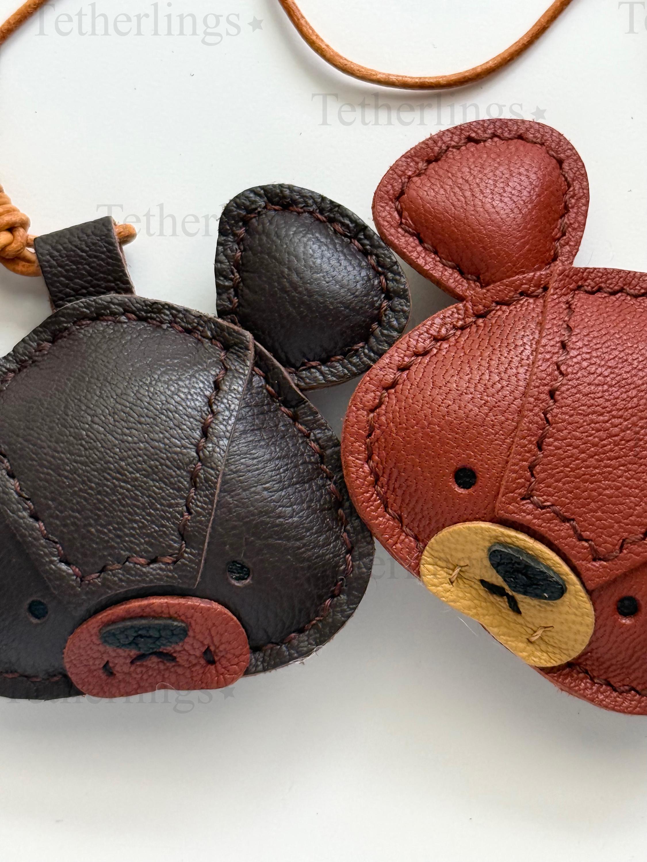 Brown Grizzly Bear Genuine Sheepskin Leather Charm, Handmade Bag Purse Backpack Key Chain