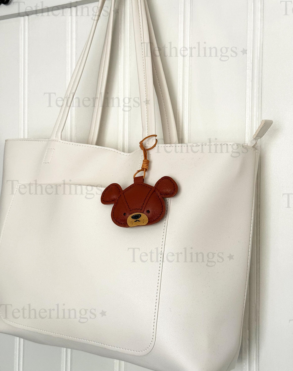 Brown Grizzly Bear Genuine Sheepskin Leather Charm, Handmade Bag Purse Backpack Key Chain