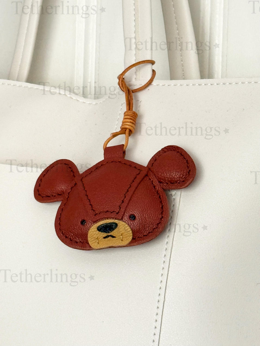 Brown Grizzly Bear Genuine Sheepskin Leather Charm, Handmade Bag Purse Backpack Key Chain