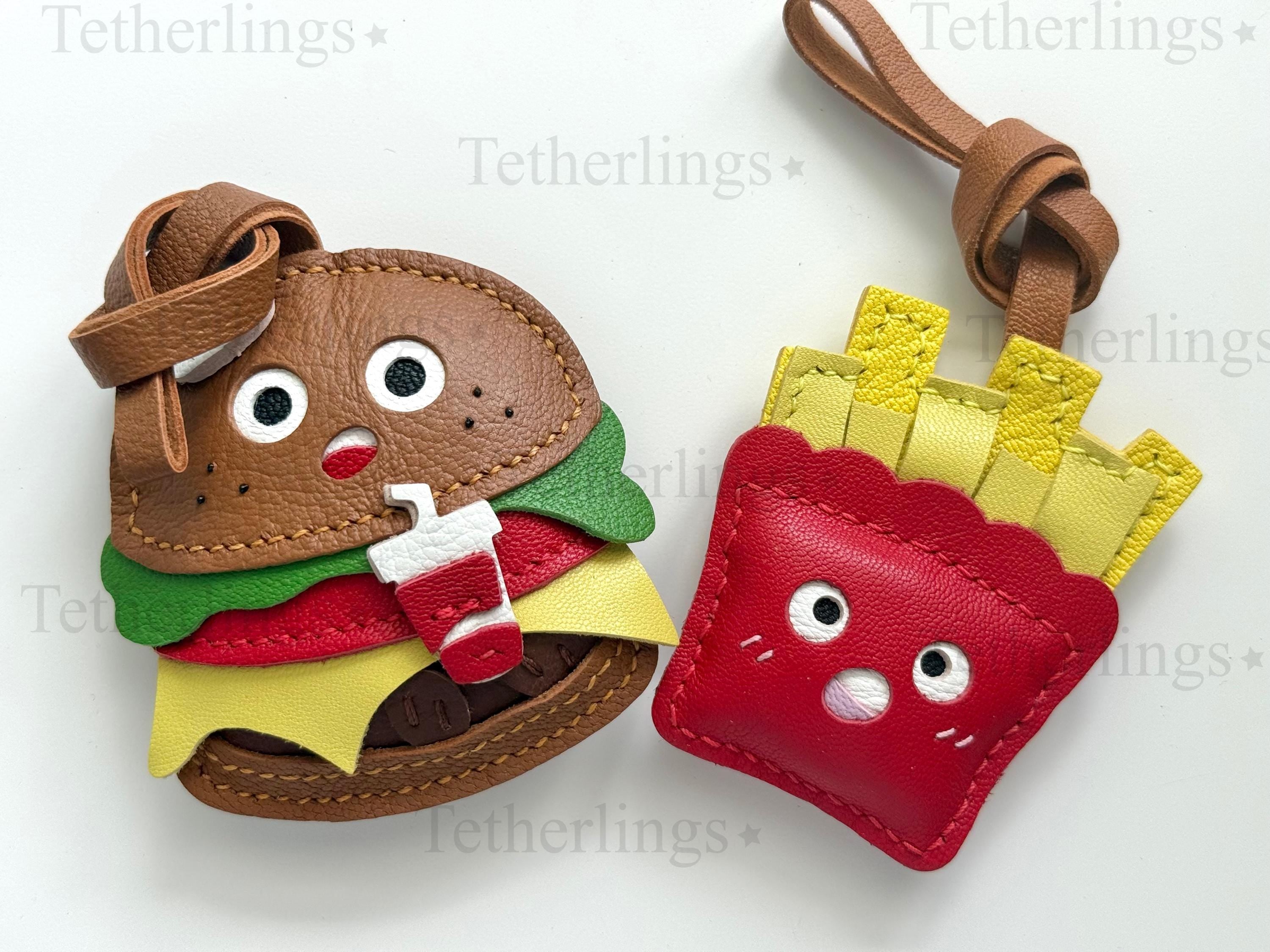 Silly Cheeseburger and Fries Genuine Sheepskin Leather Charm, Handmade Bag Purse Backpack Key Chain
