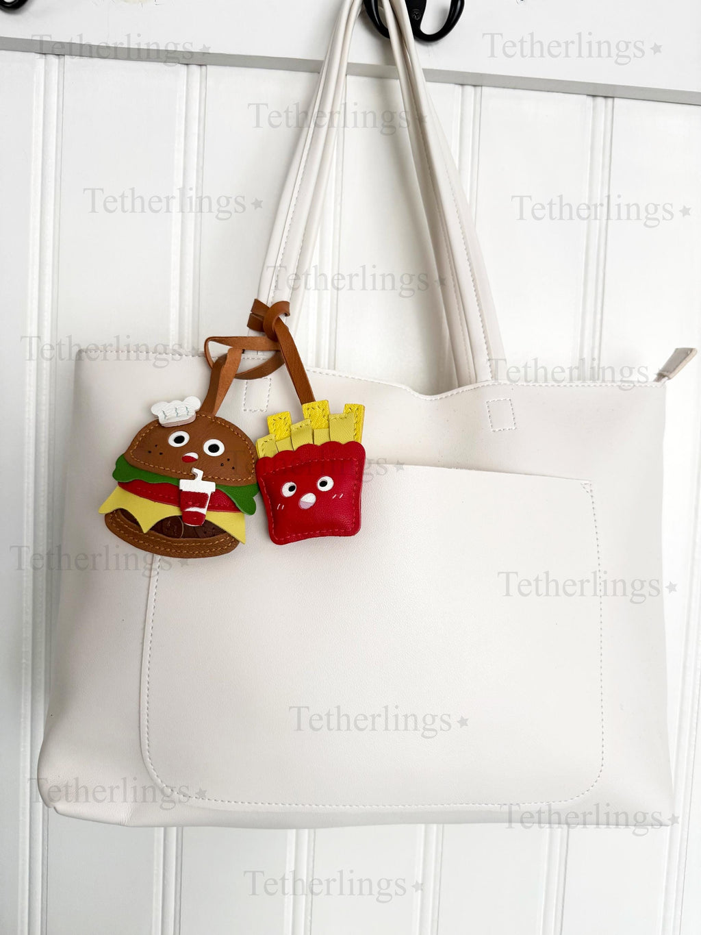 Silly Cheeseburger and Fries Genuine Sheepskin Leather Charm, Handmade Bag Purse Backpack Key Chain