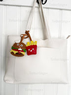 Silly Cheeseburger and Fries Genuine Sheepskin Leather Charm, Handmade Bag Purse Backpack Key Chain