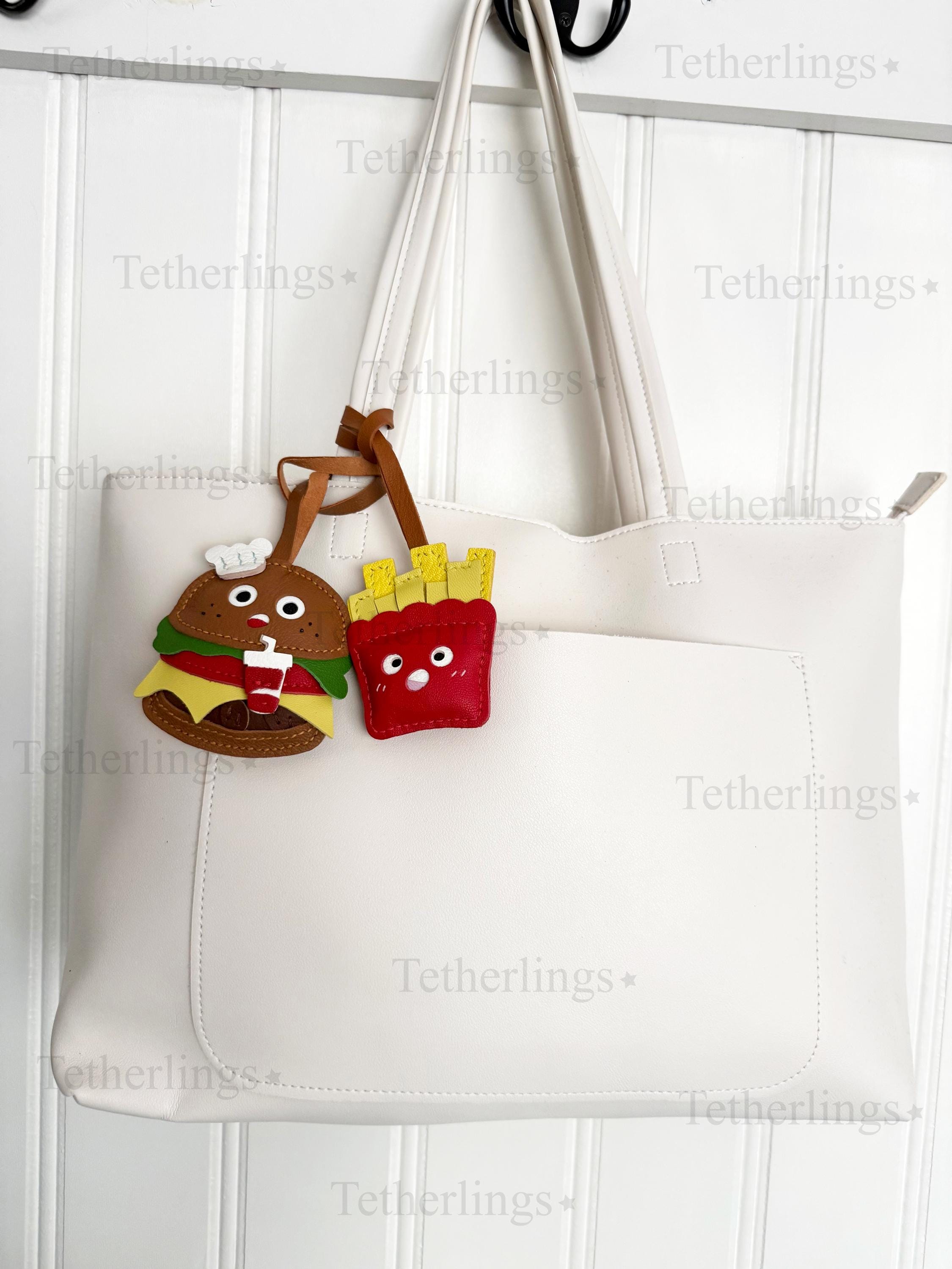 Silly Cheeseburger and Fries Genuine Sheepskin Leather Charm, Handmade Bag Purse Backpack Key Chain