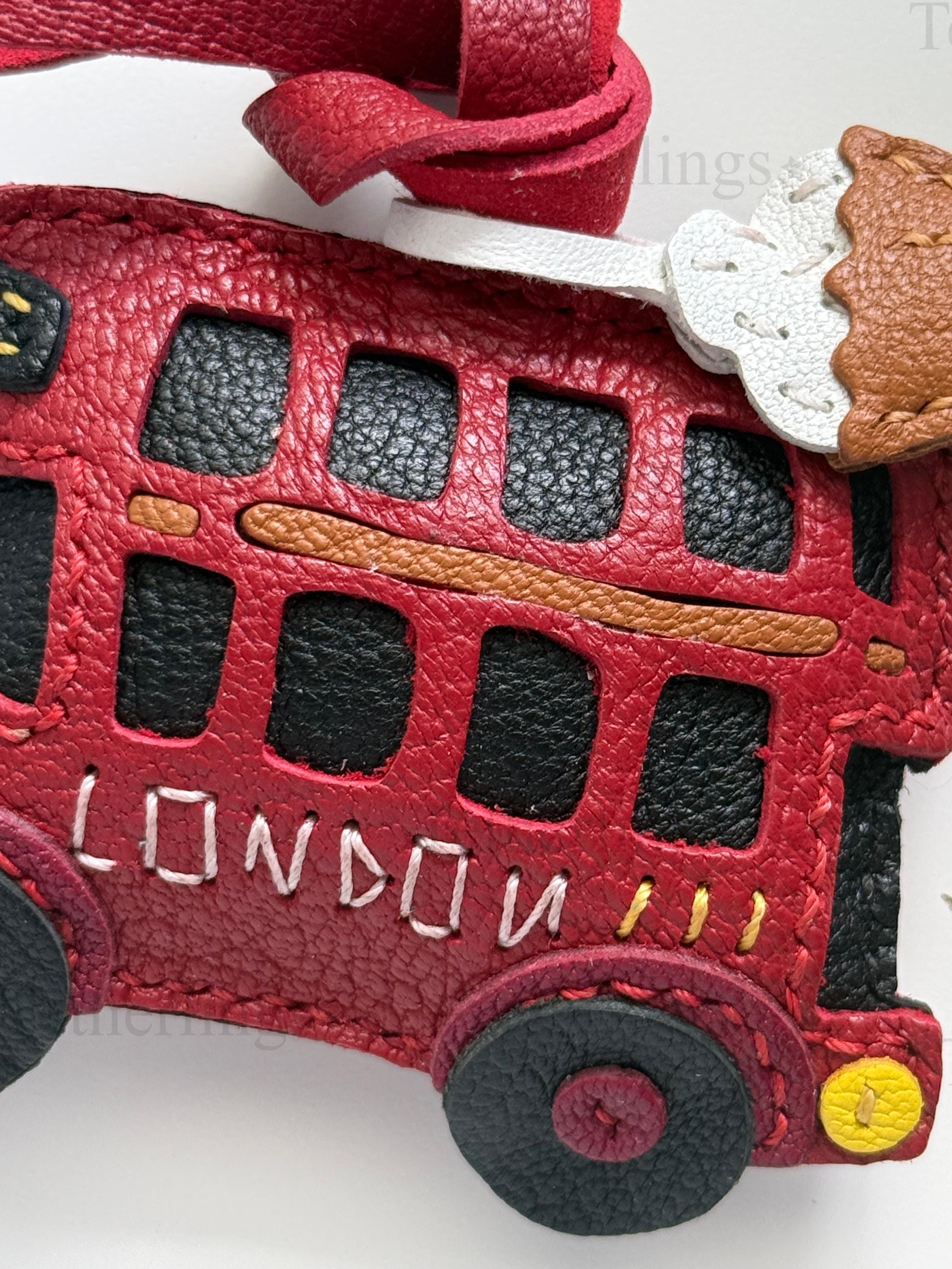 Red London Bus Leather Charm, Handmade Bag Purse Backpack Key Chain