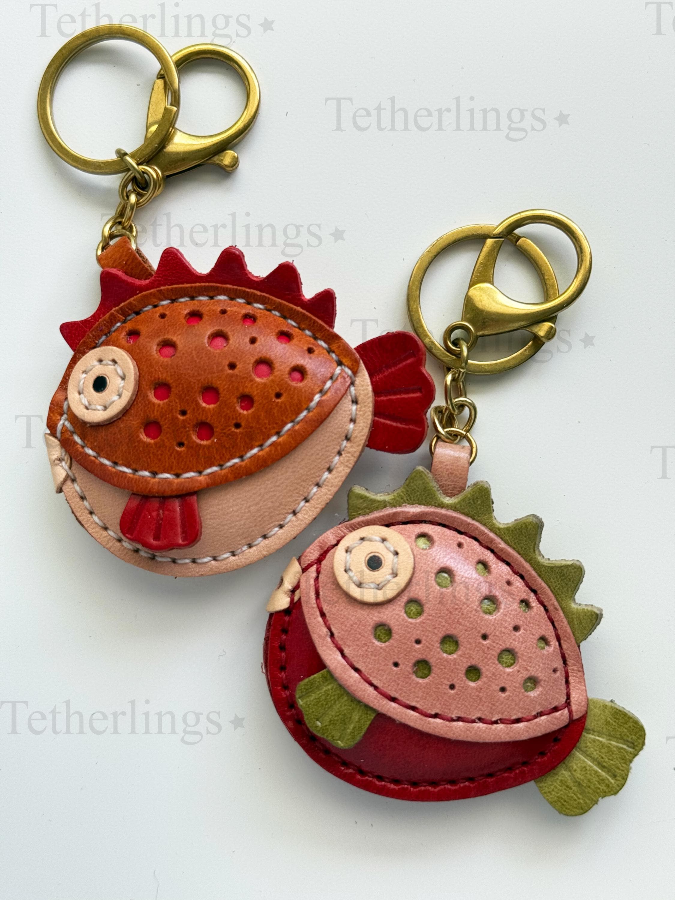 Puffer fish Tropical Genuine Cowhide Leather Charm, Handmade Bag Purse Backpack Key Chain