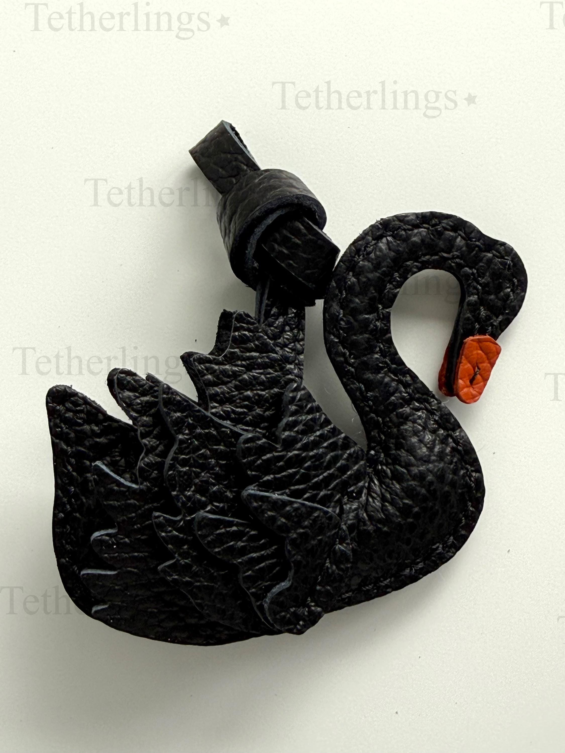 Swan Black White Genuine Cowhide Leather Charm, Handmade Bag Purse Backpack Key Chain