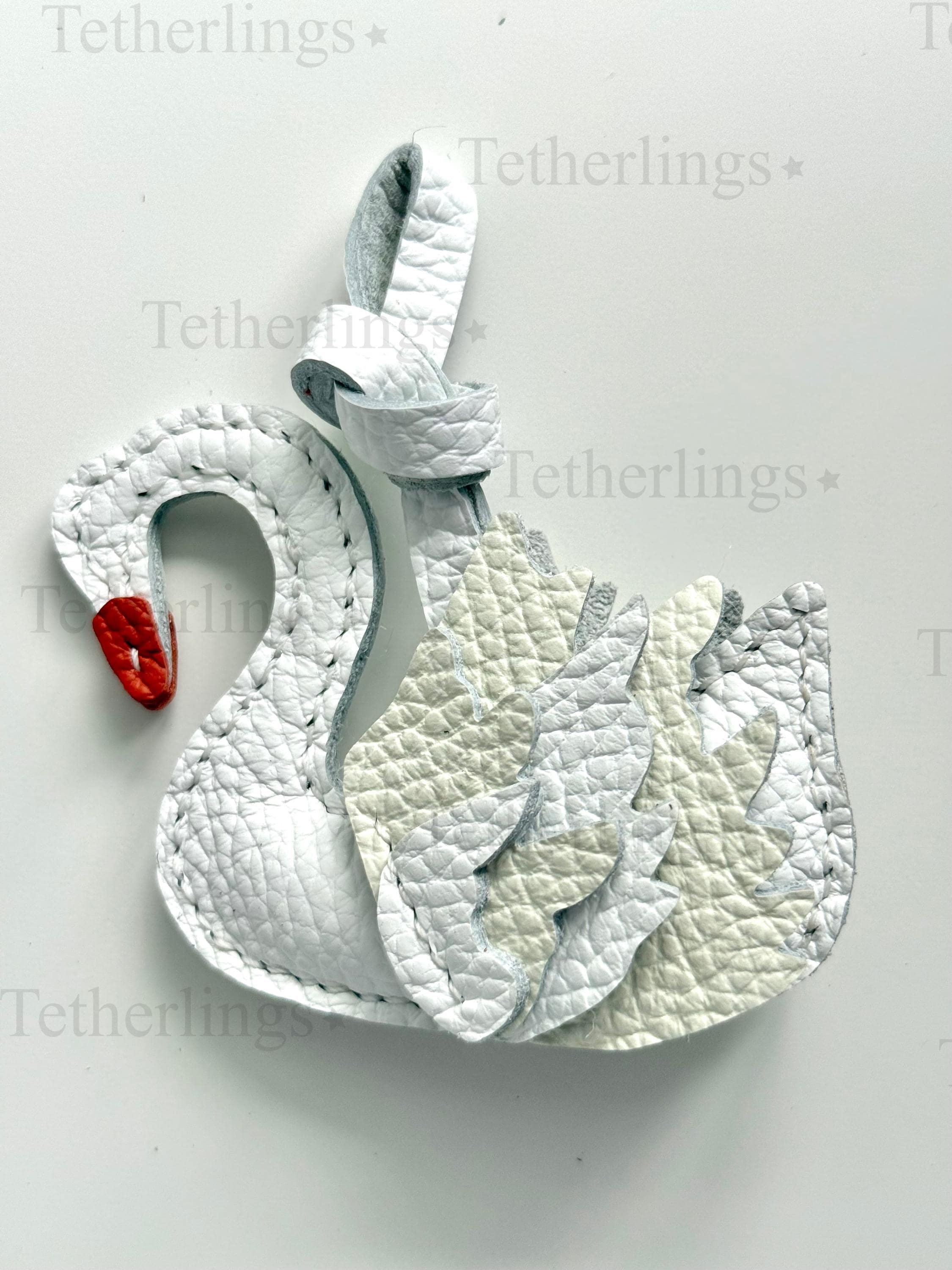 Swan Black White Genuine Cowhide Leather Charm, Handmade Bag Purse Backpack Key Chain