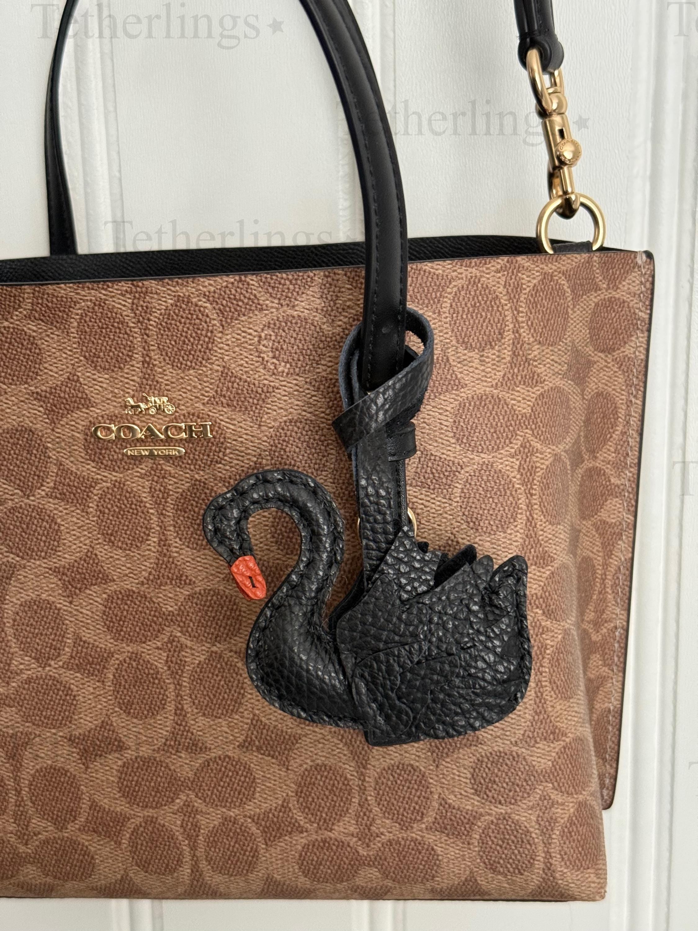 Swan Black White Genuine Cowhide Leather Charm, Handmade Bag Purse Backpack Key Chain