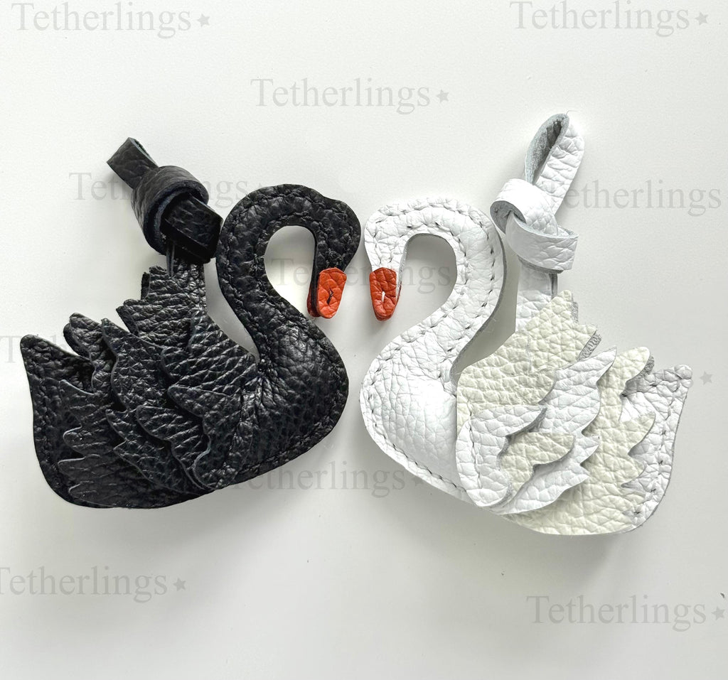 Swan Black White Genuine Cowhide Leather Charm, Handmade Bag Purse Backpack Key Chain