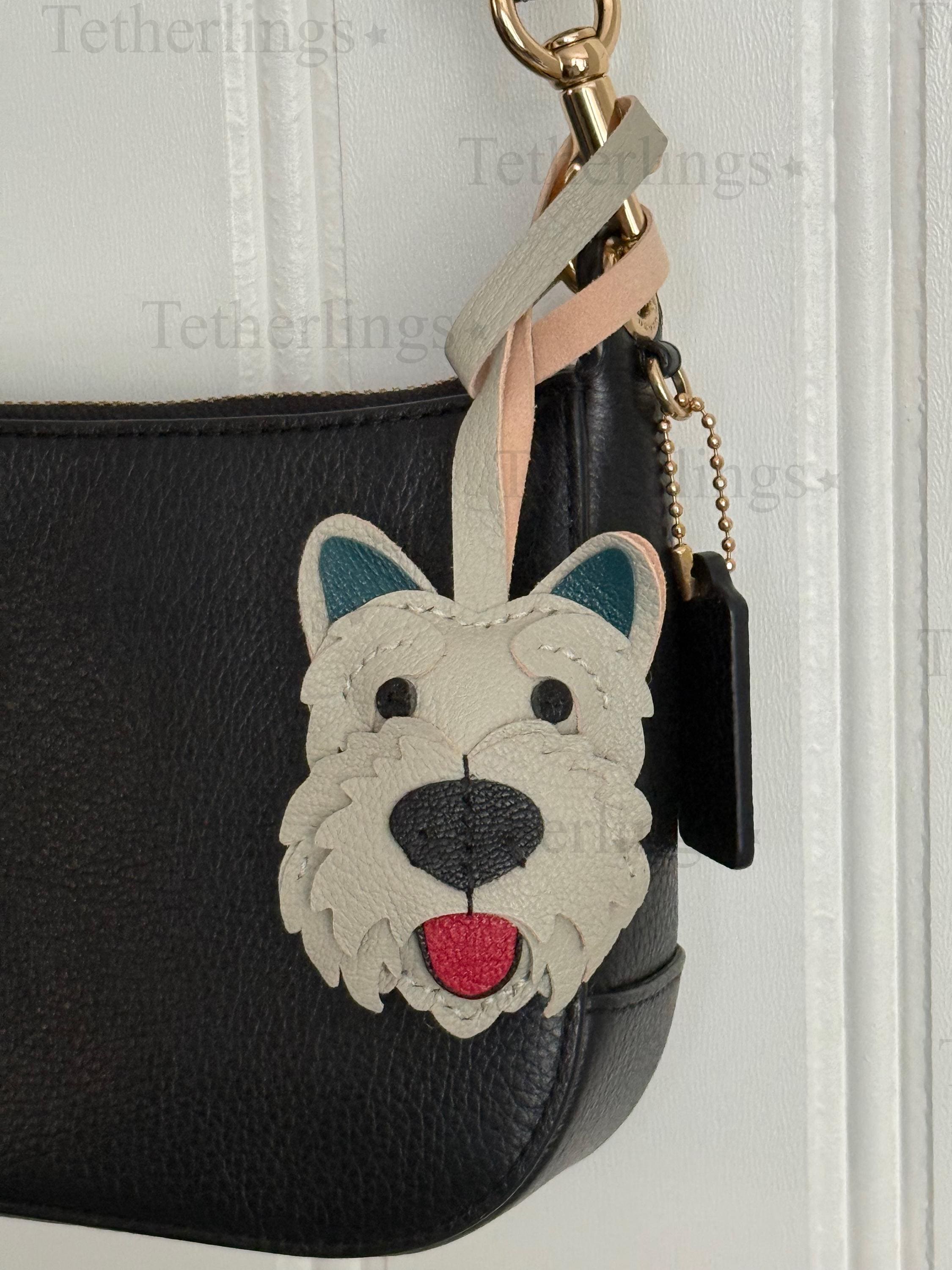 Schnauzer Puppy Dog Genuine Sheepskin Leather Charm, Handmade Bag Purse Backpack Key Chain