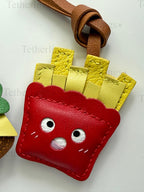 Silly Cheeseburger and Fries Genuine Sheepskin Leather Charm, Handmade Bag Purse Backpack Key Chain