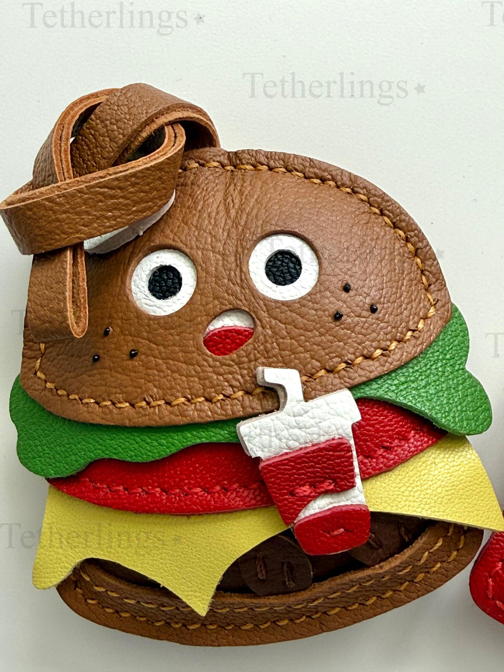 Silly Cheeseburger and Fries Genuine Sheepskin Leather Charm, Handmade Bag Purse Backpack Key Chain