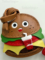 Silly Cheeseburger and Fries Genuine Sheepskin Leather Charm, Handmade Bag Purse Backpack Key Chain