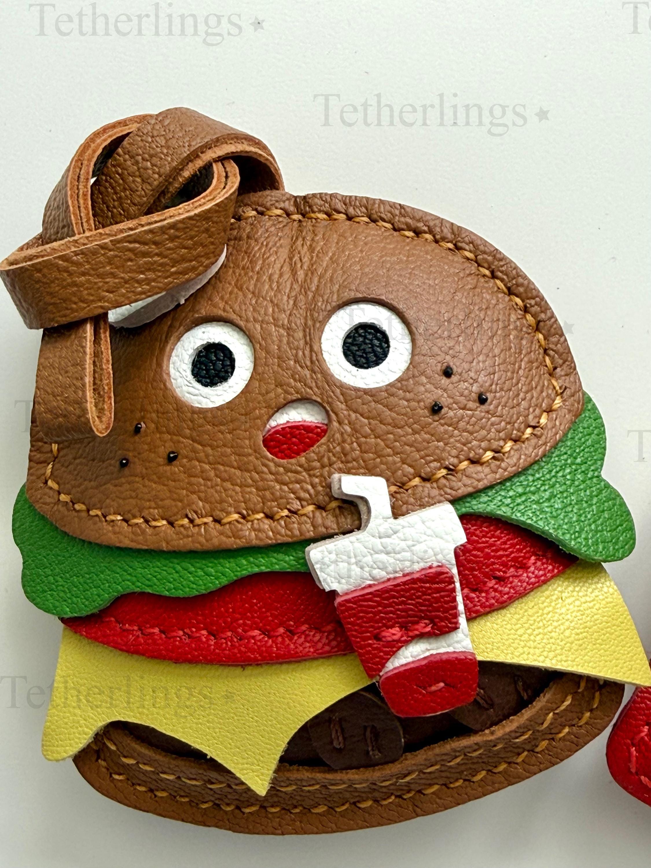 Silly Cheeseburger and Fries Genuine Sheepskin Leather Charm, Handmade Bag Purse Backpack Key Chain