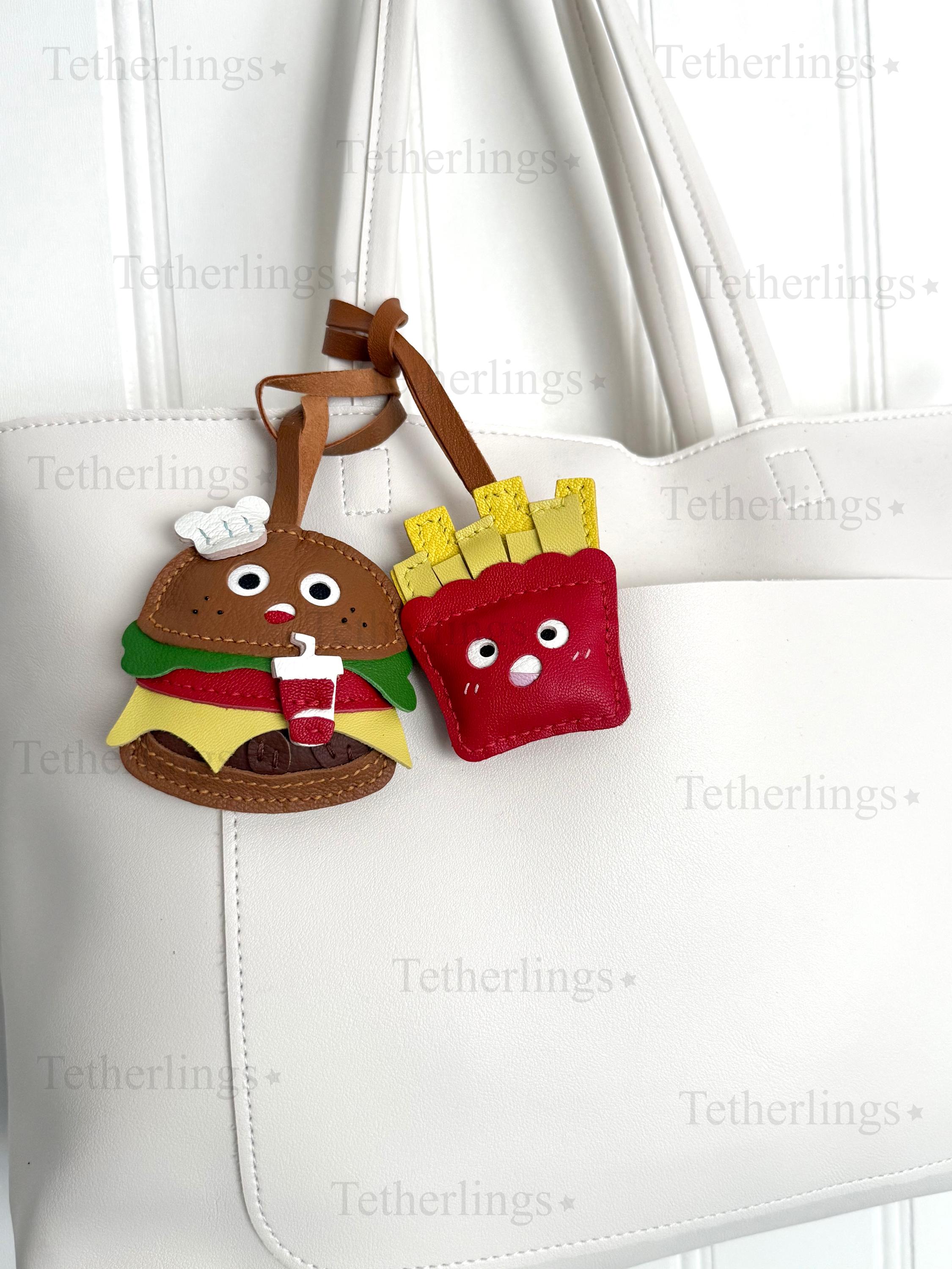 Silly Cheeseburger and Fries Genuine Sheepskin Leather Charm, Handmade Bag Purse Backpack Key Chain
