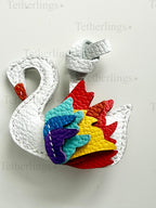 White Swan with Rainbow Wings Leather Charm, Handmade Bag Purse Backpack Key Chain
