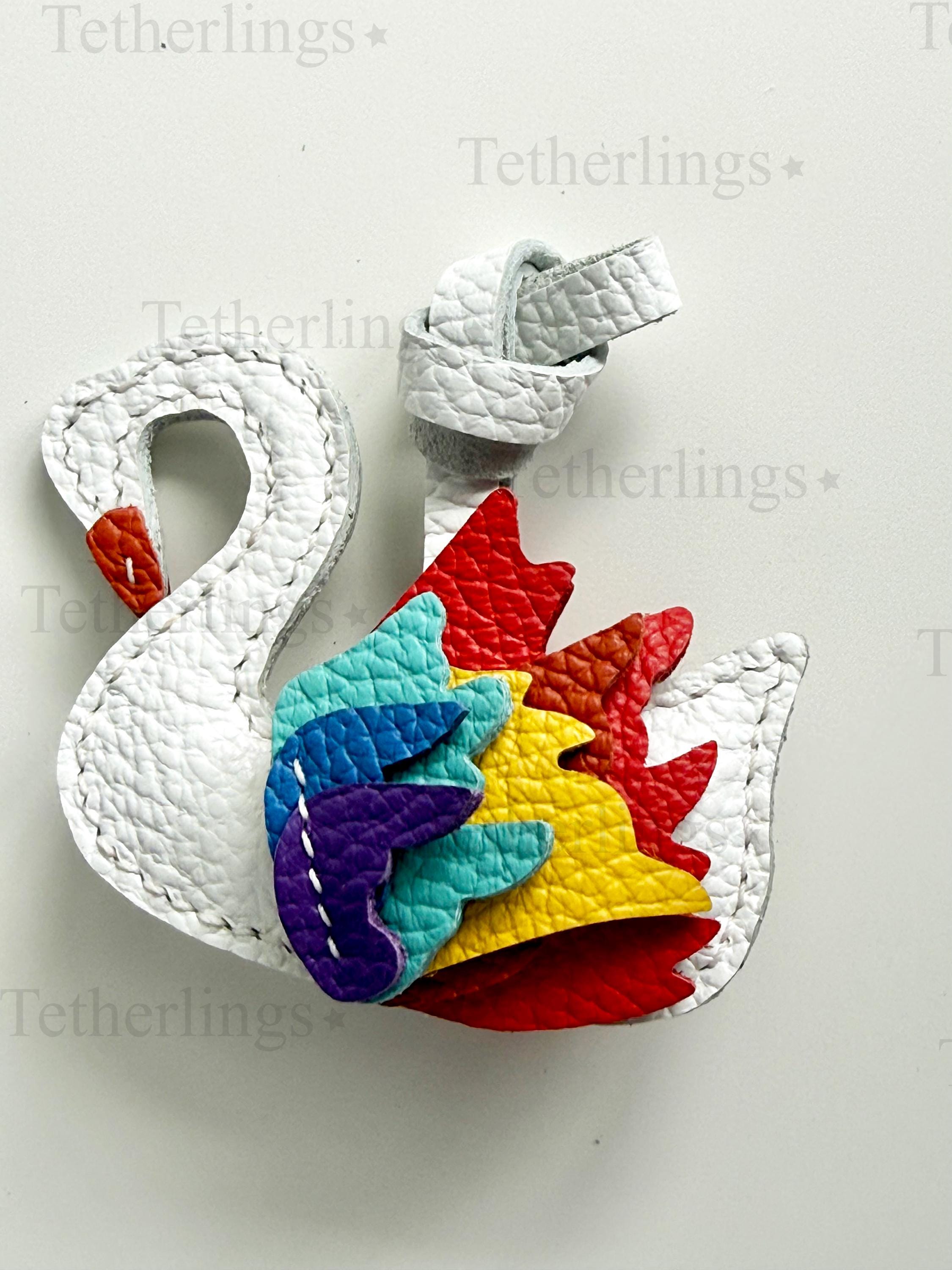 White Swan with Rainbow Wings Leather Charm, Handmade Bag Purse Backpack Key Chain