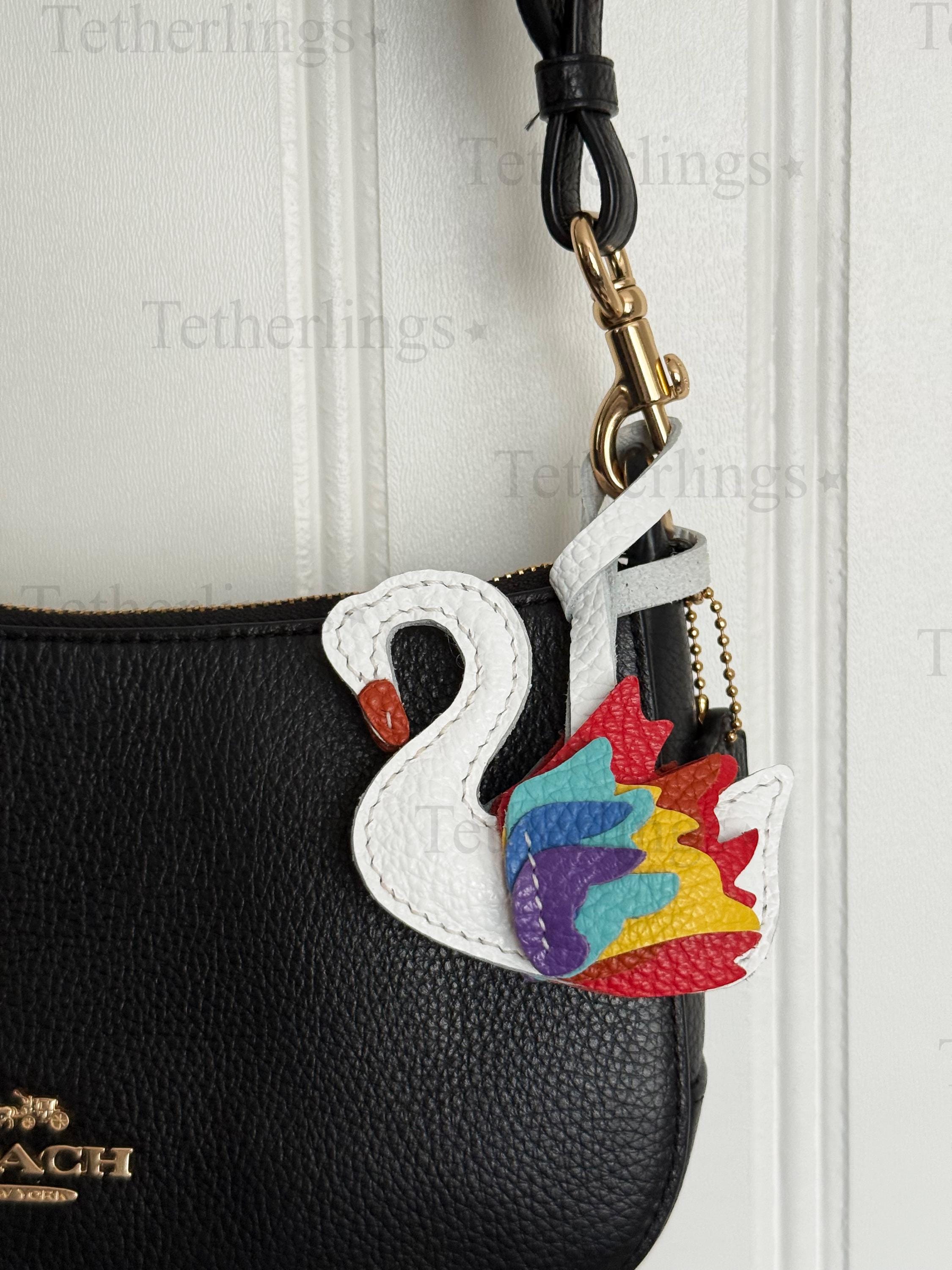 White Swan with Rainbow Wings Leather Charm, Handmade Bag Purse Backpack Key Chain