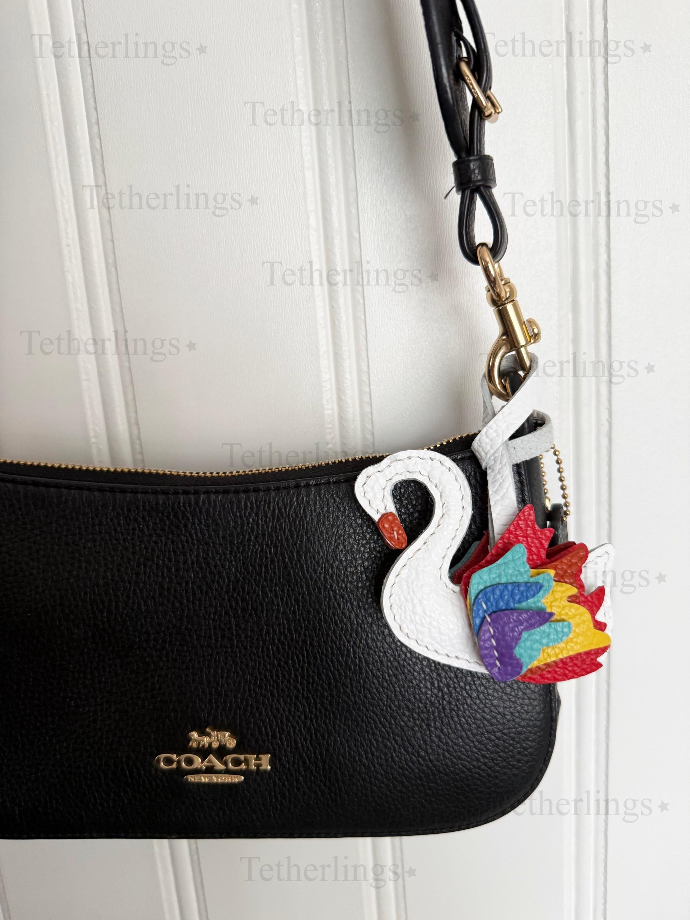White Swan with Rainbow Wings Leather Charm, Handmade Bag Purse Backpack Key Chain